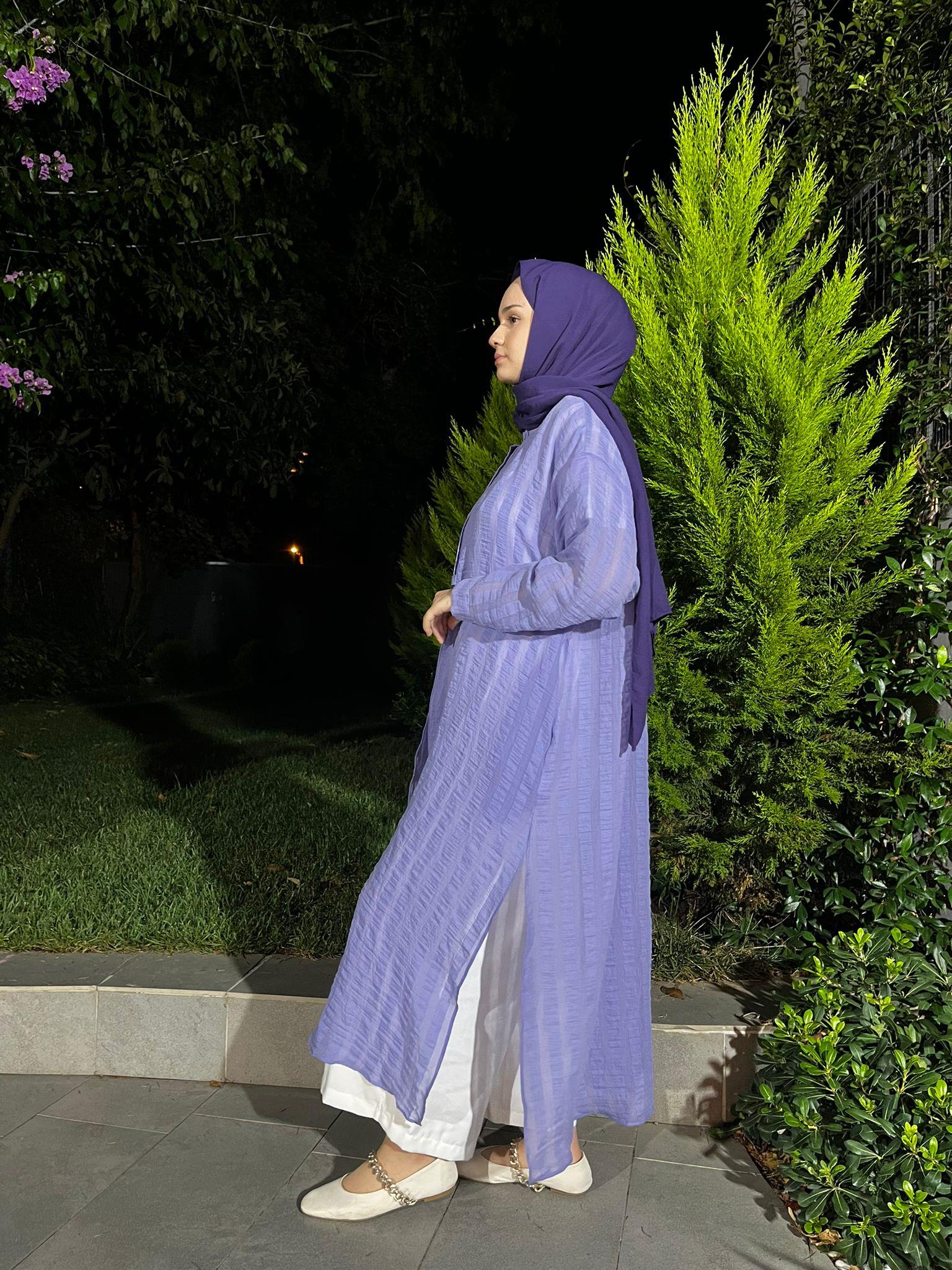 QOOQ Çizgili Keten Elbise Gömlek Lila 24ss249