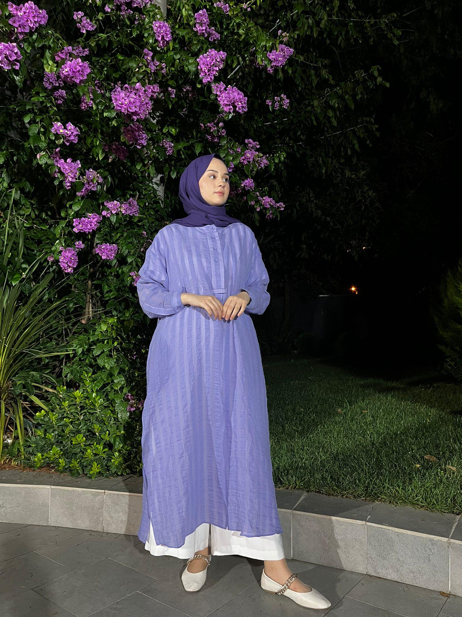 QOOQ Çizgili Keten Elbise Gömlek Lila 24ss249