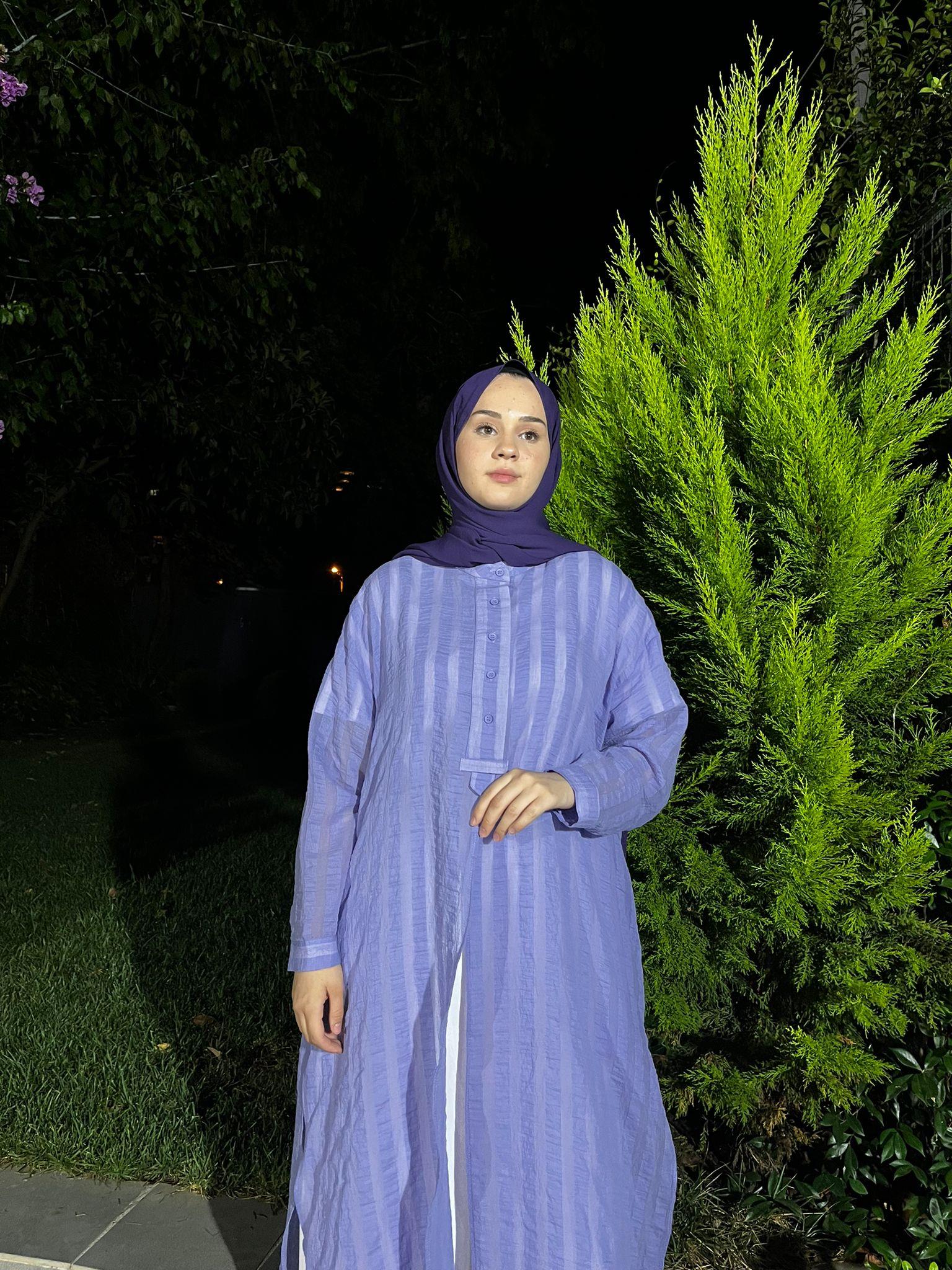 QOOQ Çizgili Keten Elbise Gömlek Lila 24ss249