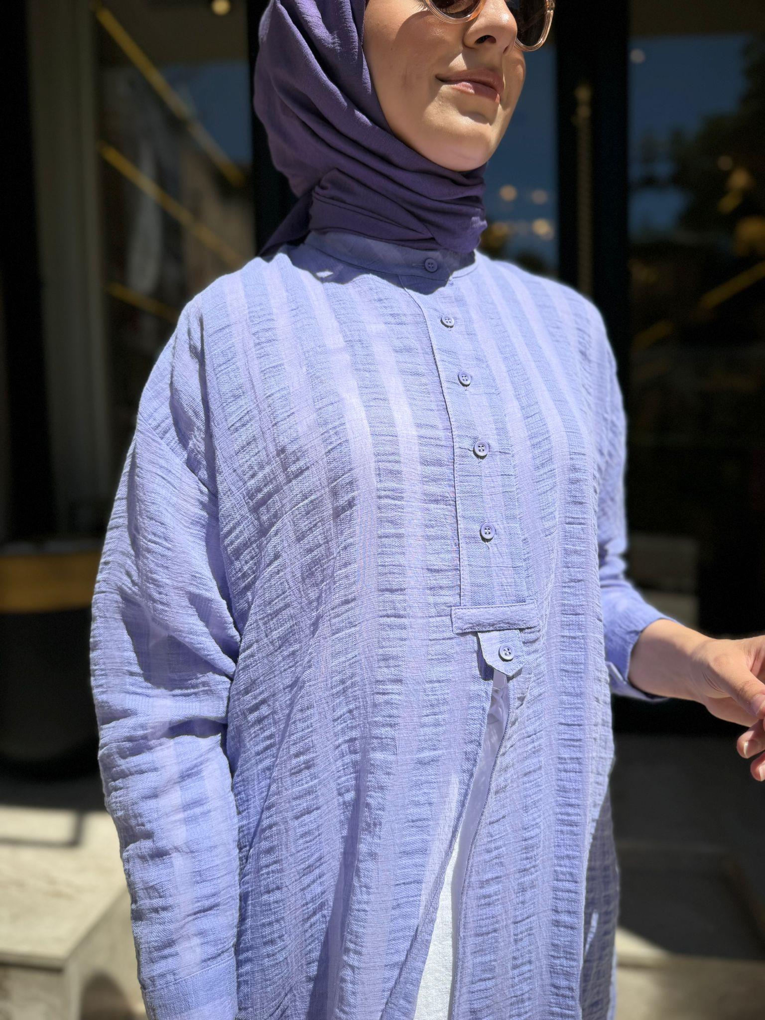 QOOQ Çizgili Keten Elbise Gömlek Lila 24ss249