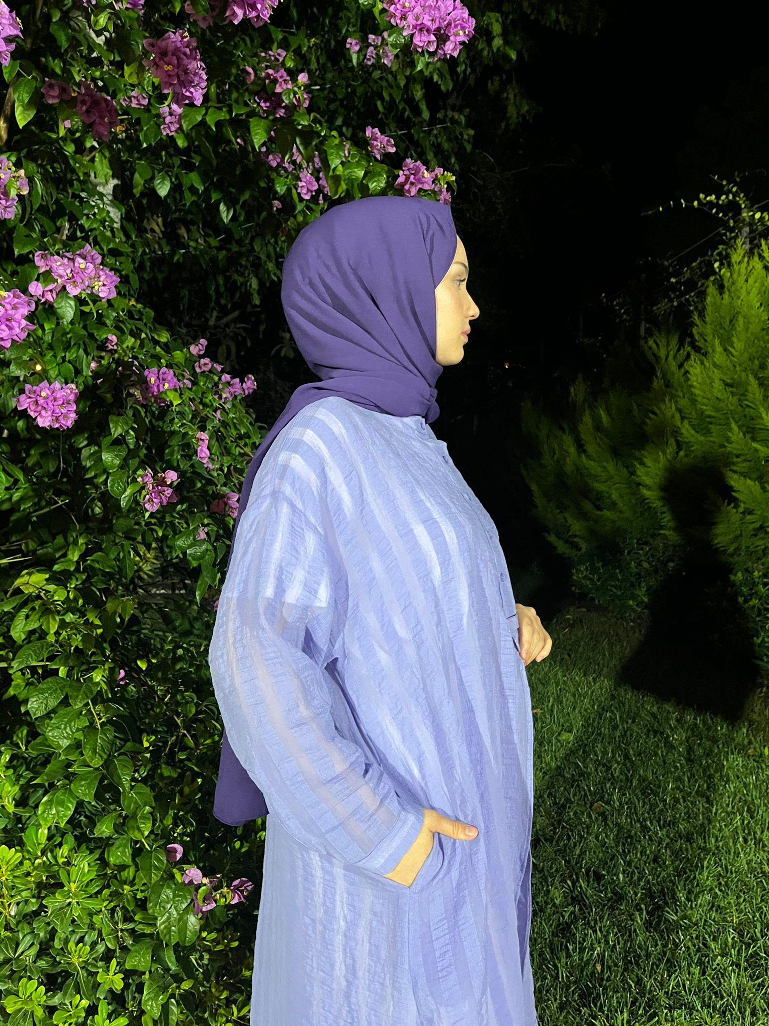 QOOQ Çizgili Keten Elbise Gömlek Lila 24ss249