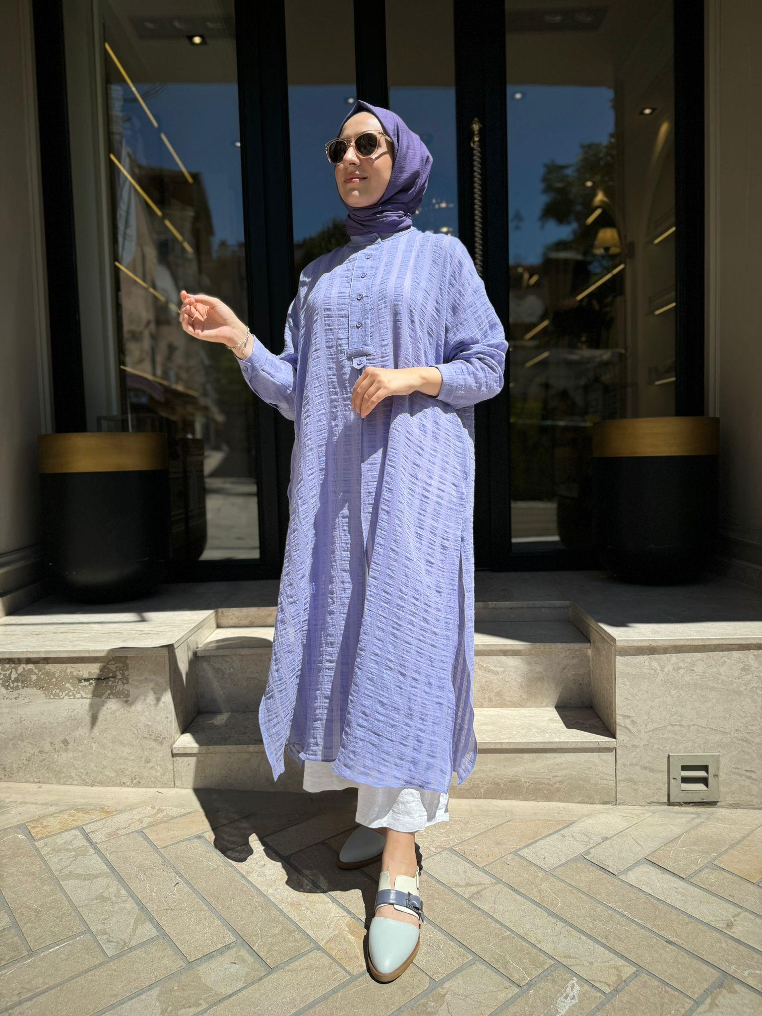 QOOQ Çizgili Keten Elbise Gömlek Lila 24ss249