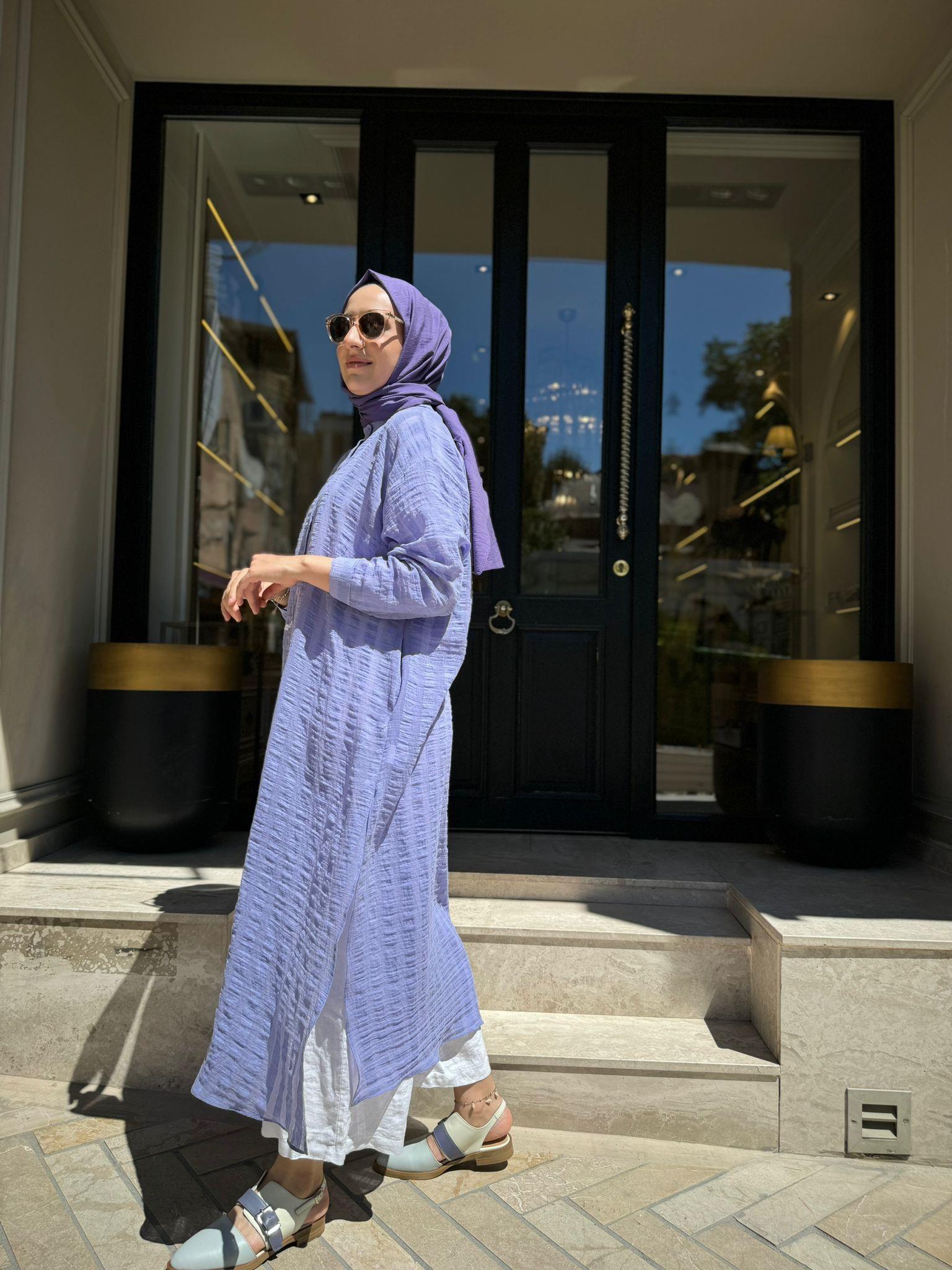 QOOQ Çizgili Keten Elbise Gömlek Lila 24ss249