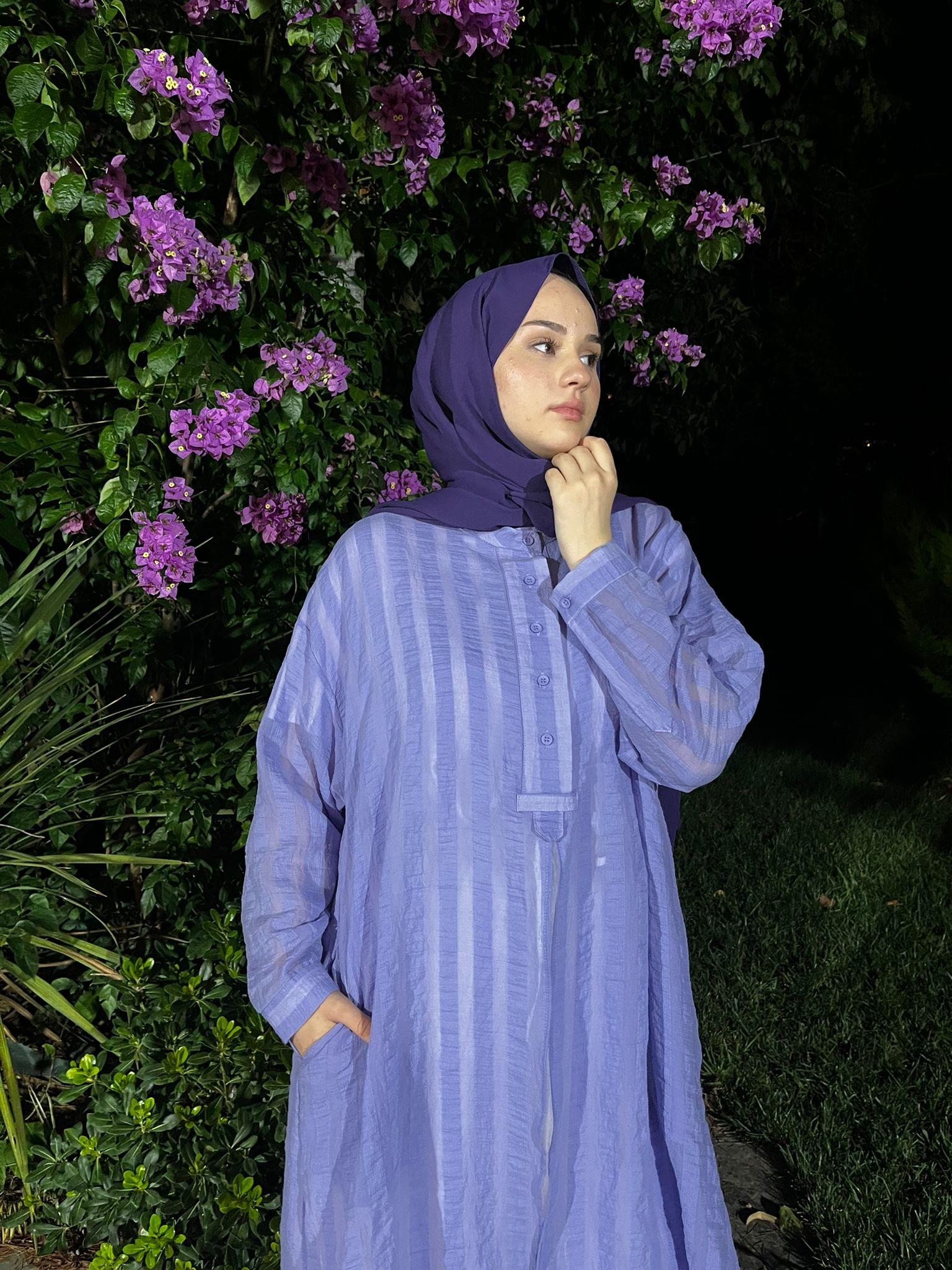 QOOQ Çizgili Keten Elbise Gömlek Lila 24ss249