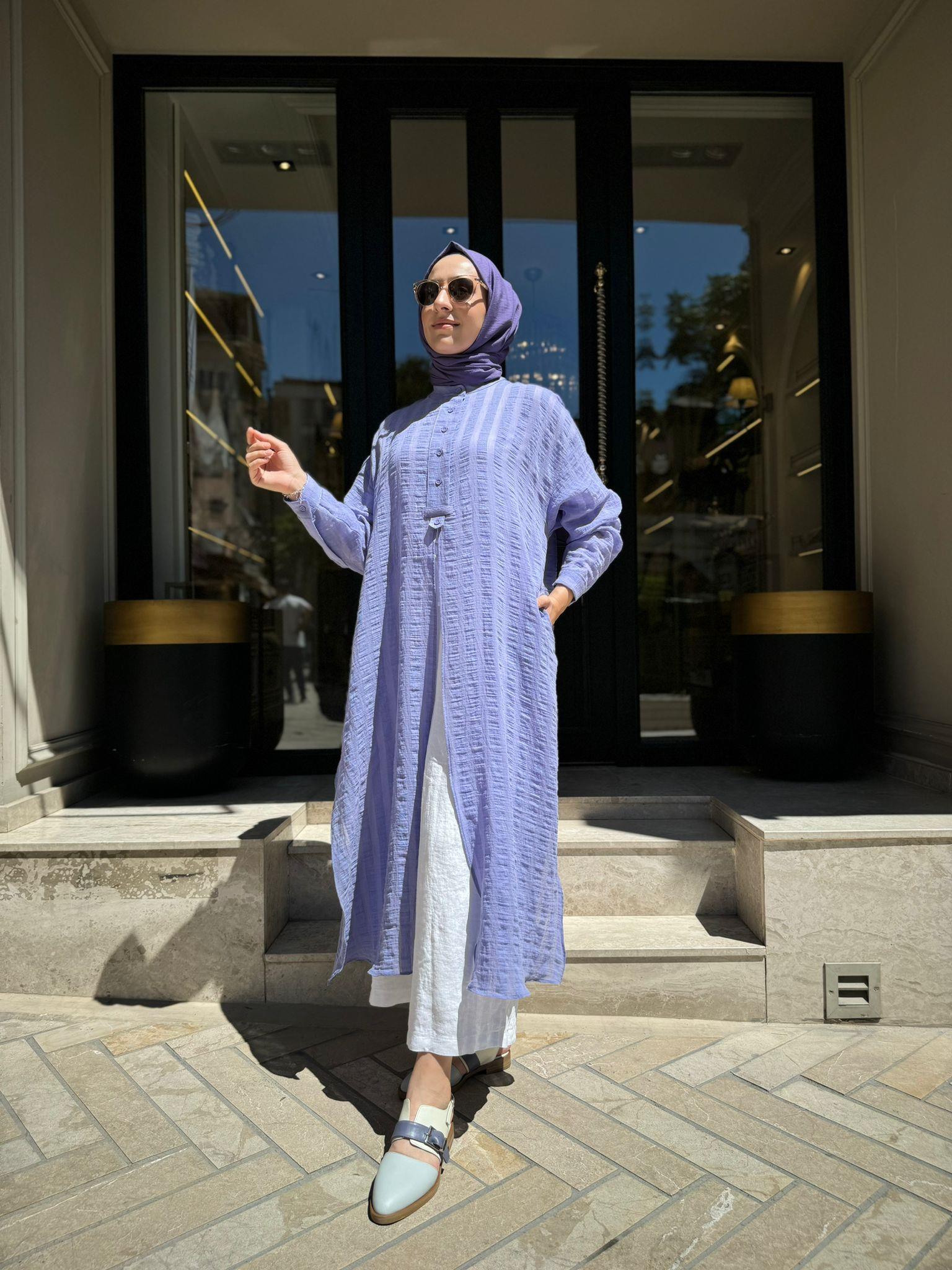 QOOQ Çizgili Keten Elbise Gömlek Lila 24ss249