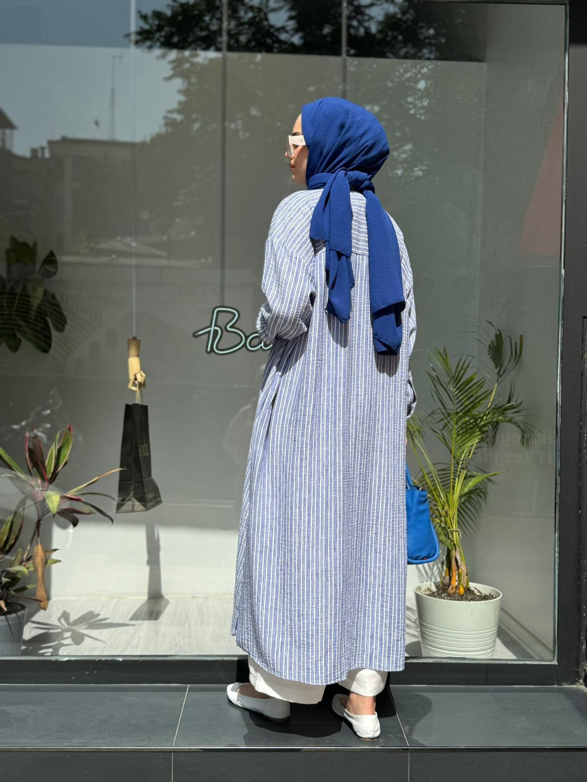 QOOQ Çizgili Keten Elbise Gömlek Mavi 24ss249