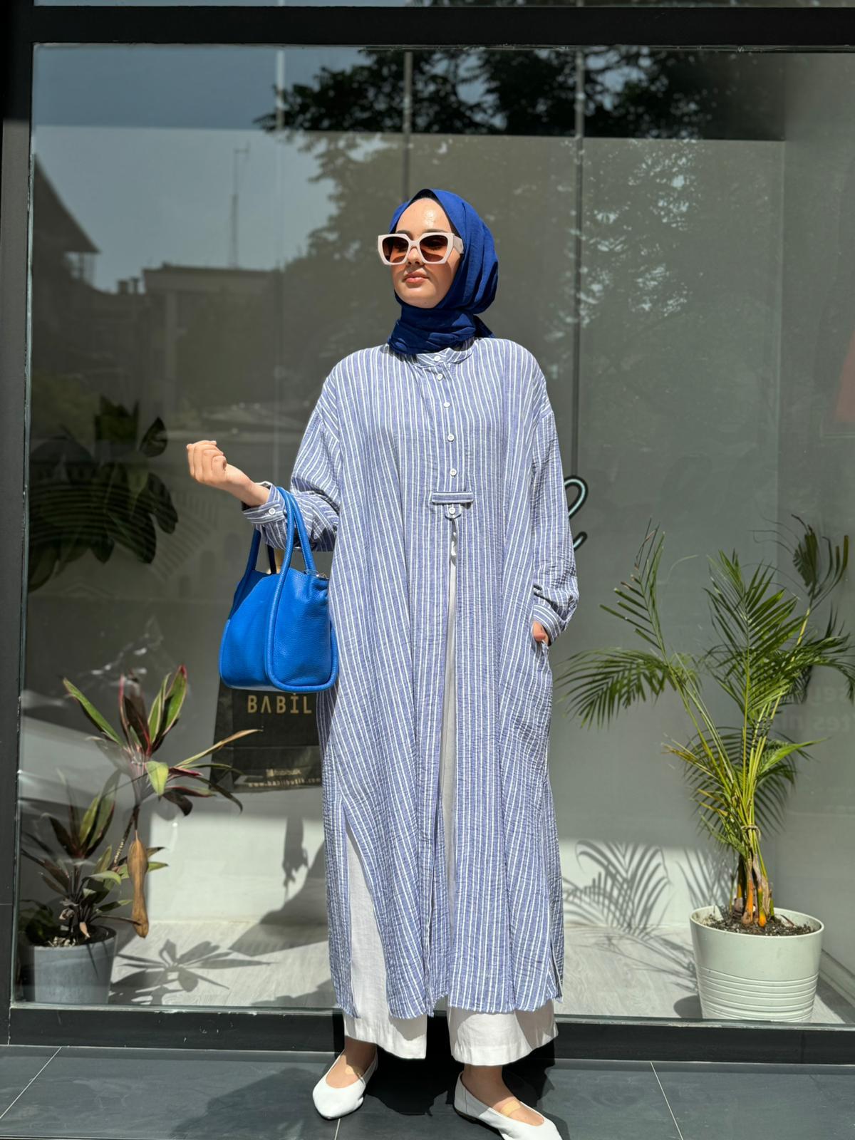 QOOQ Çizgili Keten Elbise Gömlek Mavi 24ss249