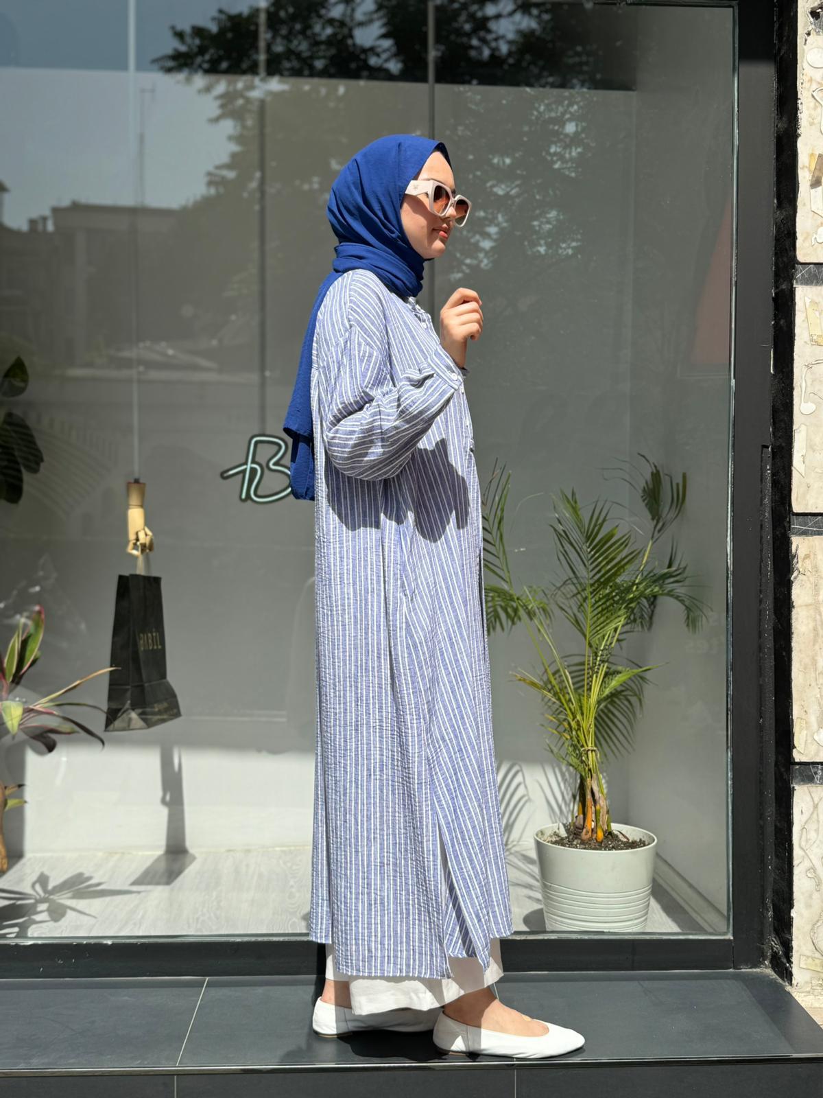 QOOQ Çizgili Keten Elbise Gömlek Mavi 24ss249