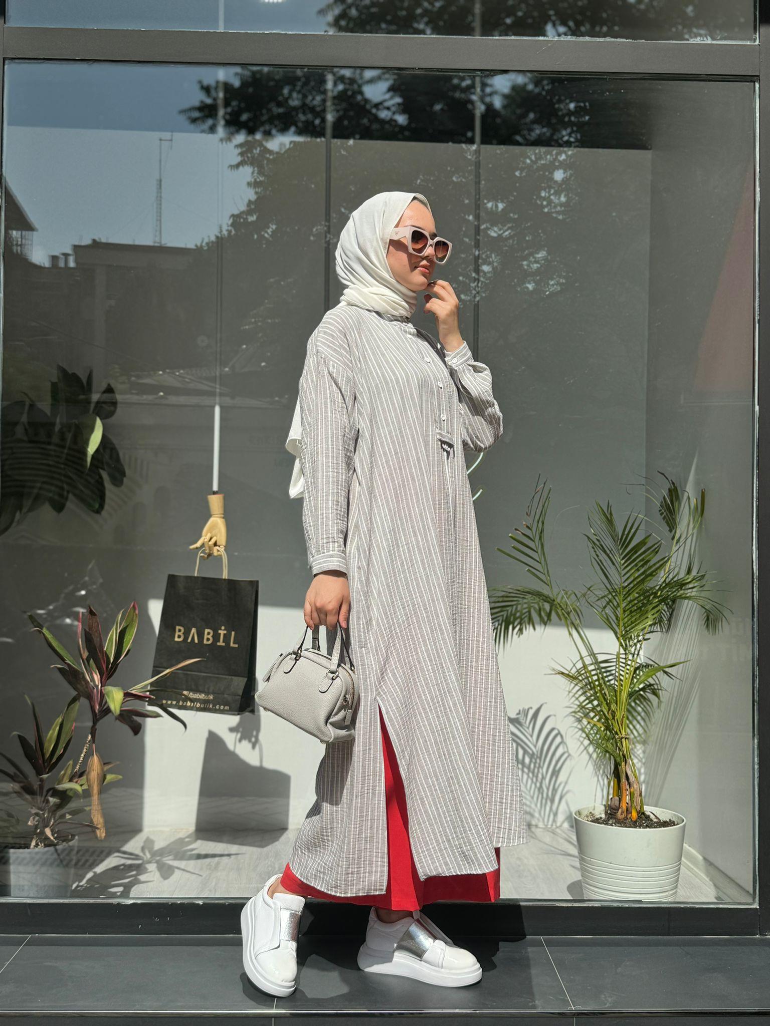 QOOQ Çizgili Keten Elbise Gömlek Yeşil 24ss249