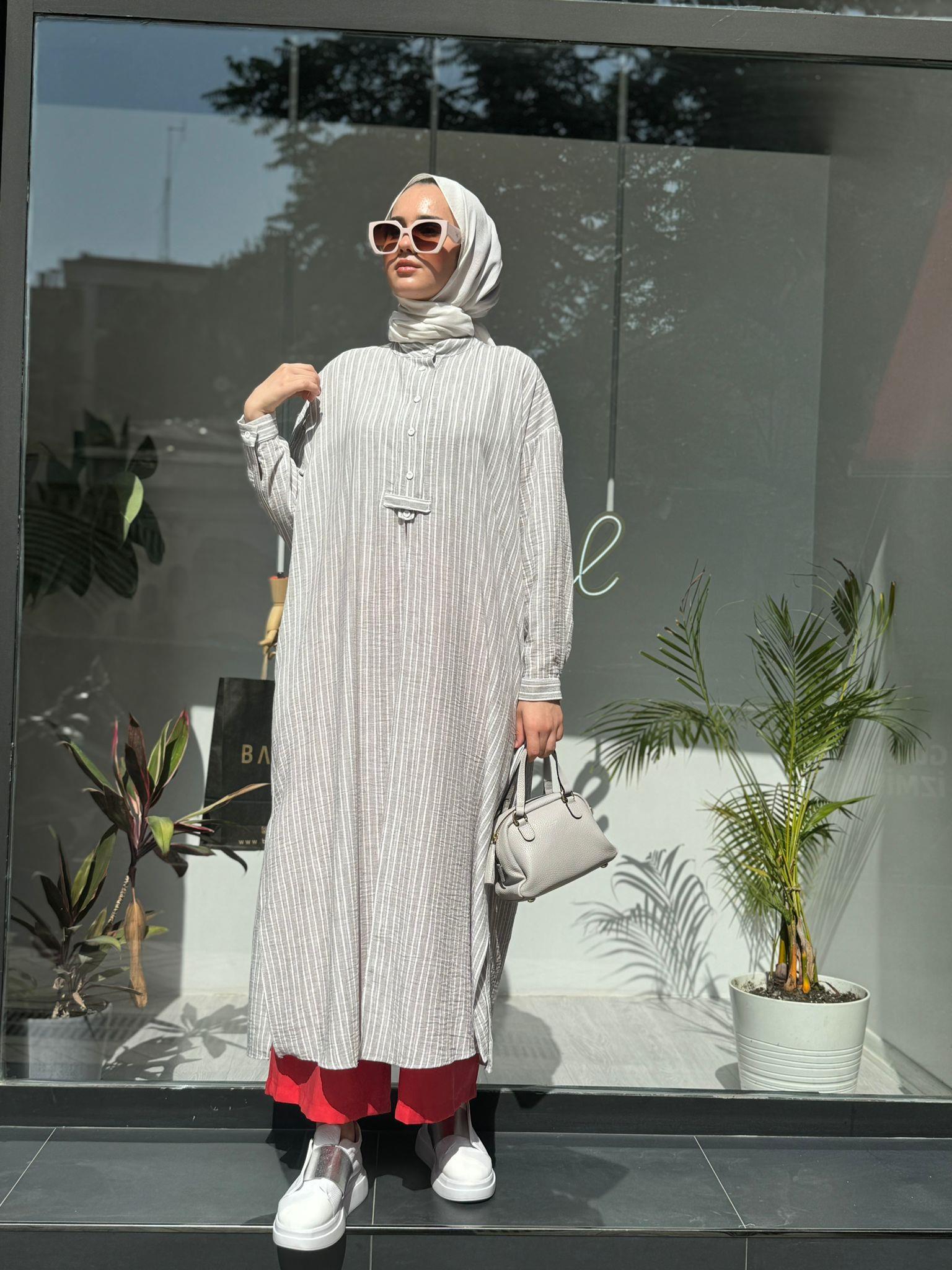 QOOQ Çizgili Keten Elbise Gömlek Yeşil 24ss249