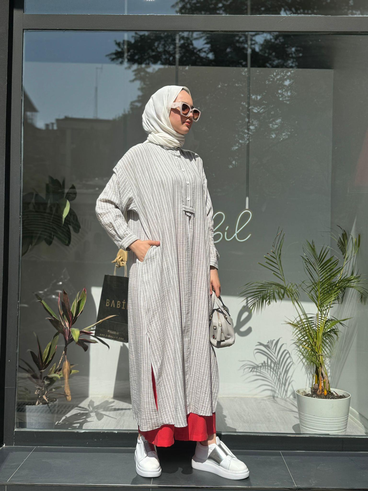 QOOQ Çizgili Keten Elbise Gömlek Yeşil 24ss249