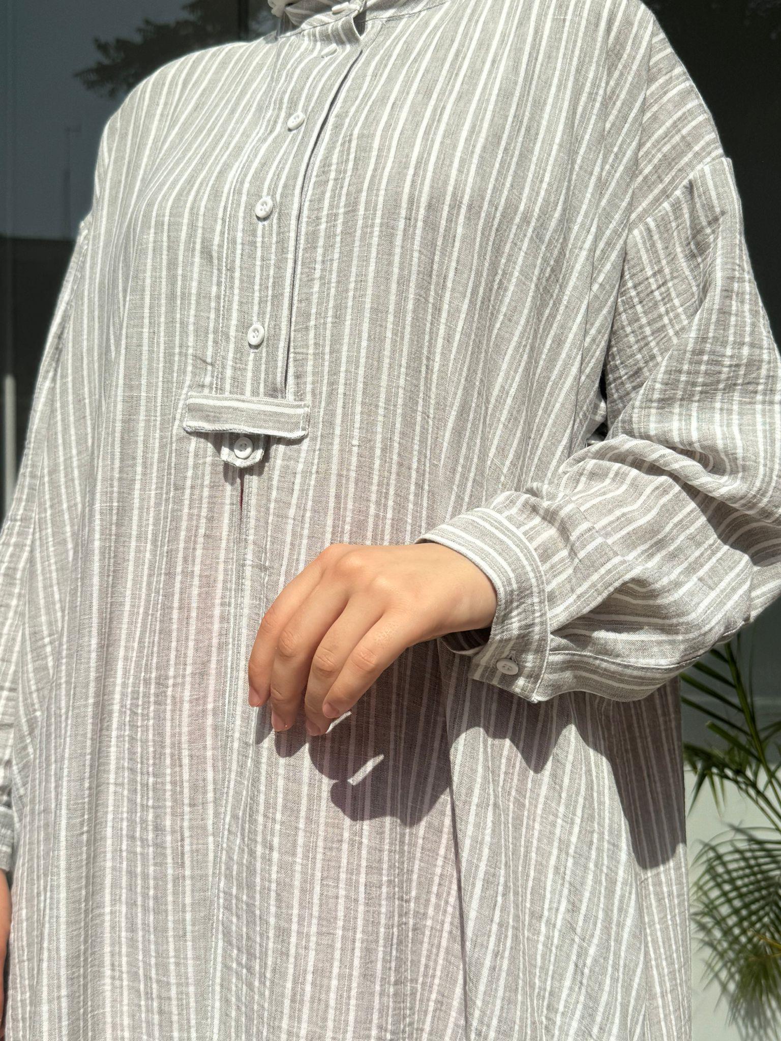 QOOQ Çizgili Keten Elbise Gömlek Yeşil 24ss249