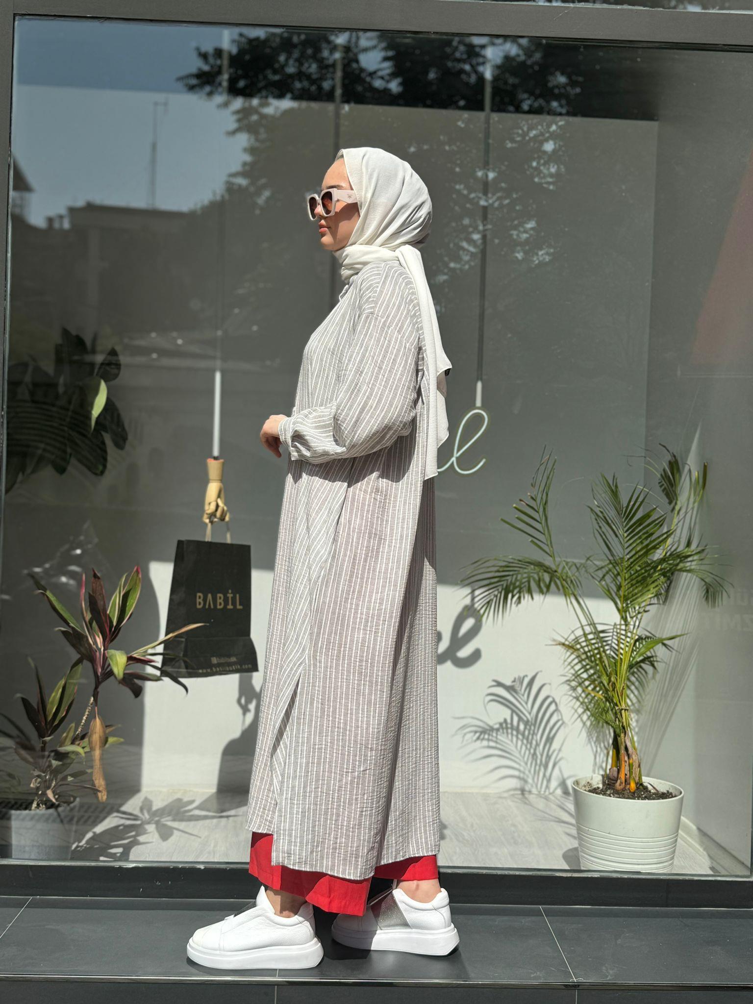 QOOQ Çizgili Keten Elbise Gömlek Yeşil 24ss249