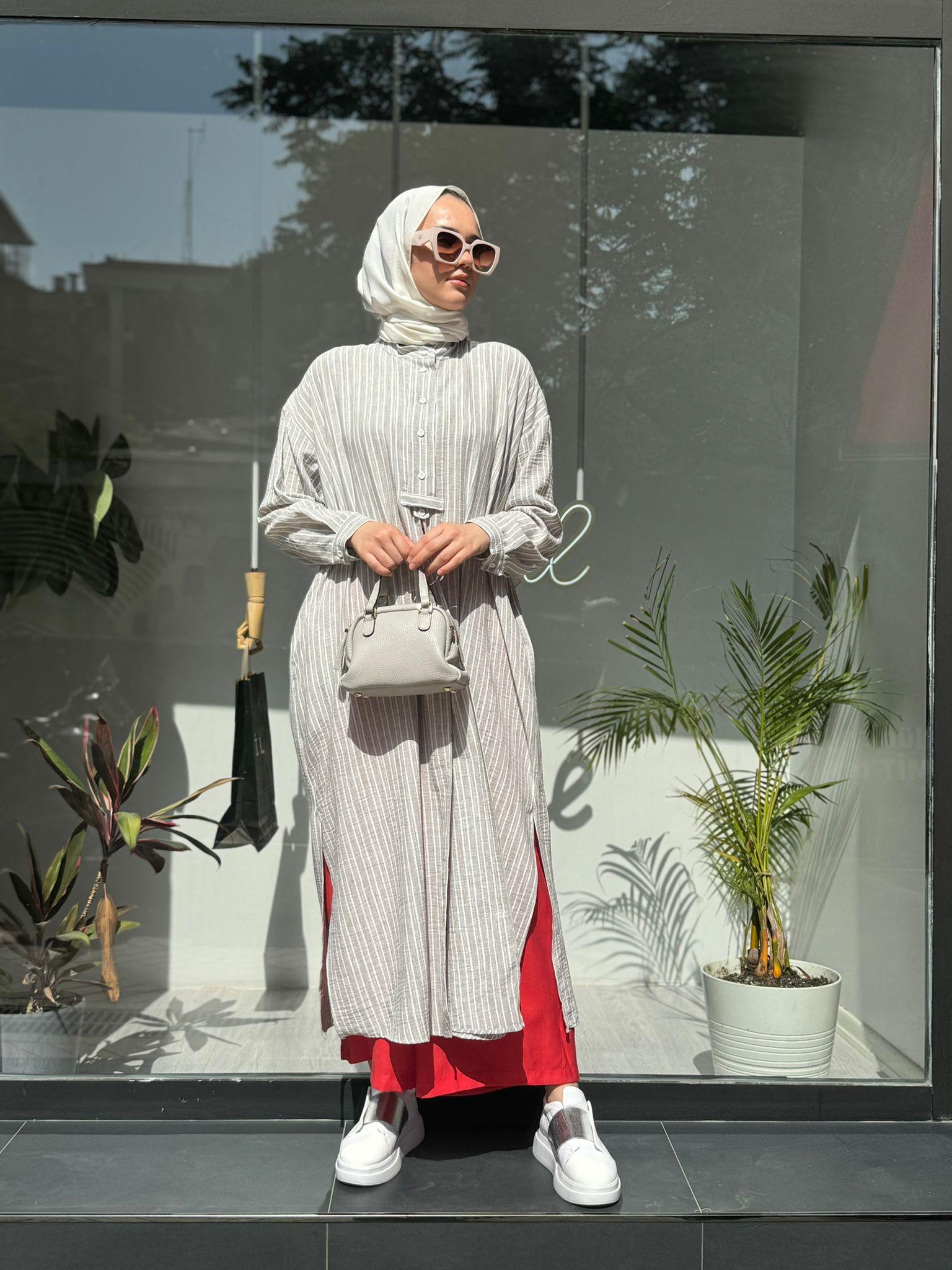 QOOQ Çizgili Keten Elbise Gömlek Yeşil 24ss249