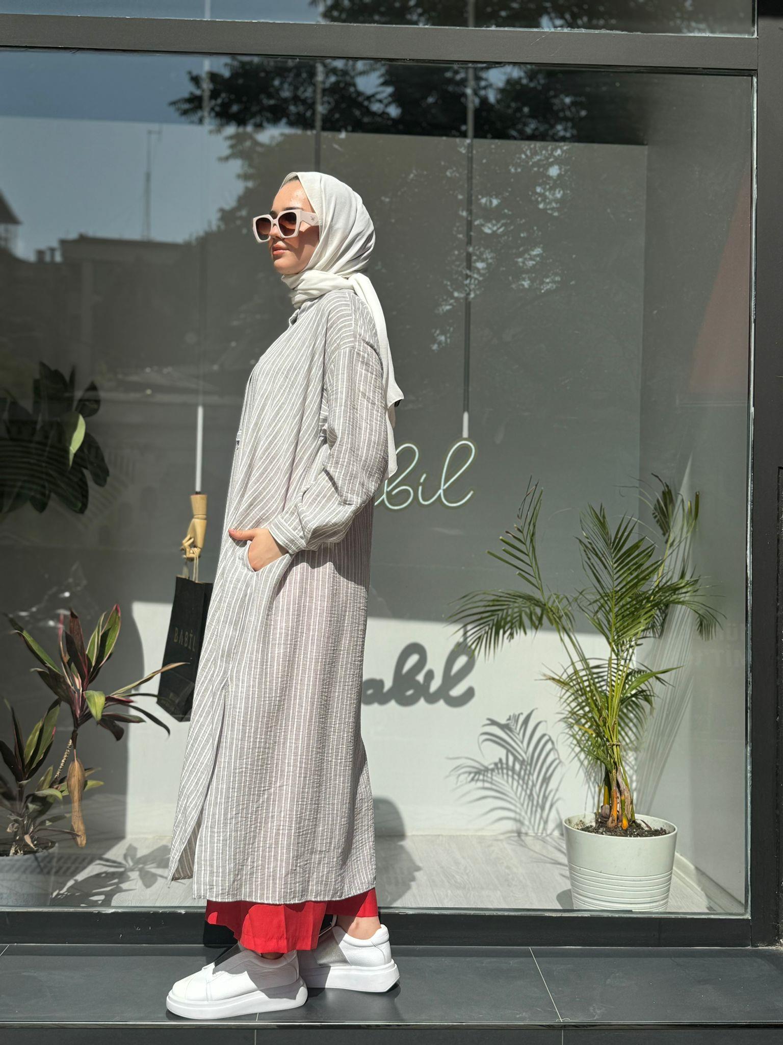 QOOQ Çizgili Keten Elbise Gömlek Yeşil 24ss249