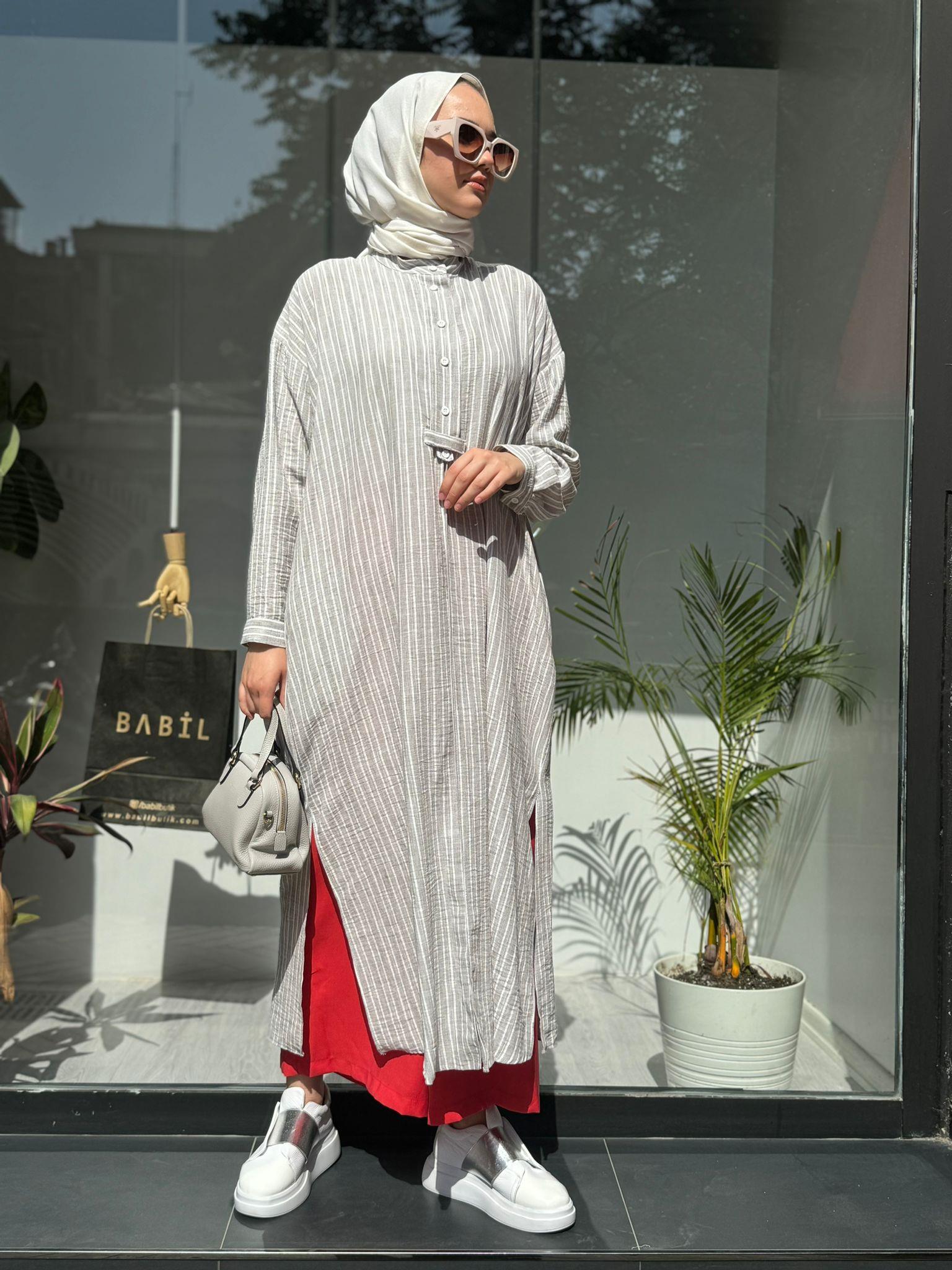 QOOQ Çizgili Keten Elbise Gömlek Yeşil 24ss249