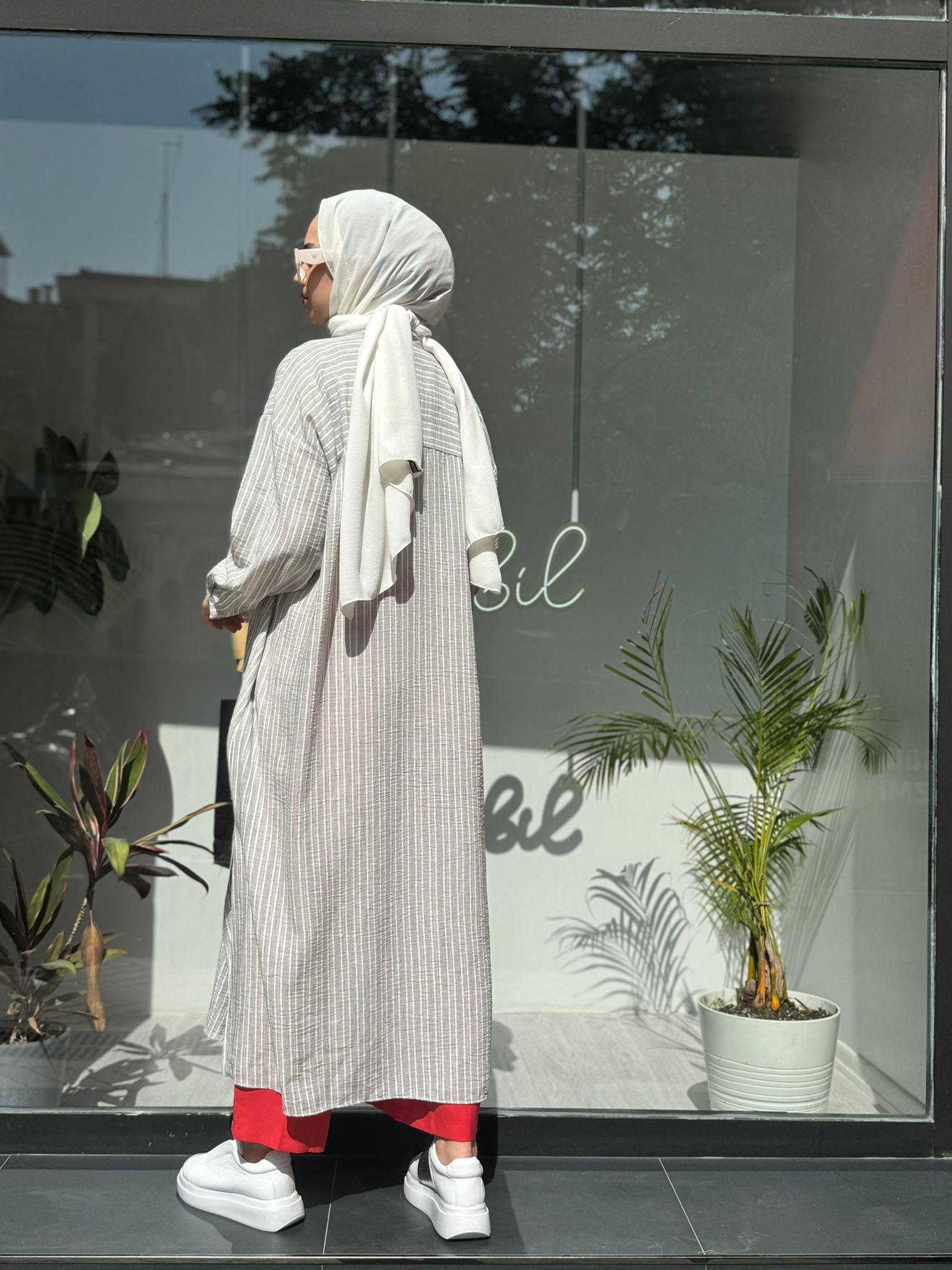 QOOQ Çizgili Keten Elbise Gömlek Yeşil 24ss249