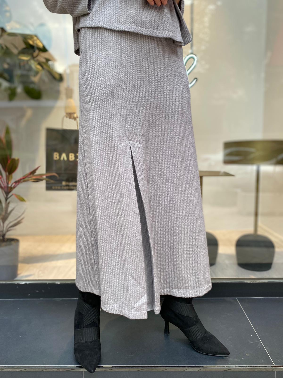 QOOQ Crop Triko Bluz Ve Etek Takım Gri 24fw209