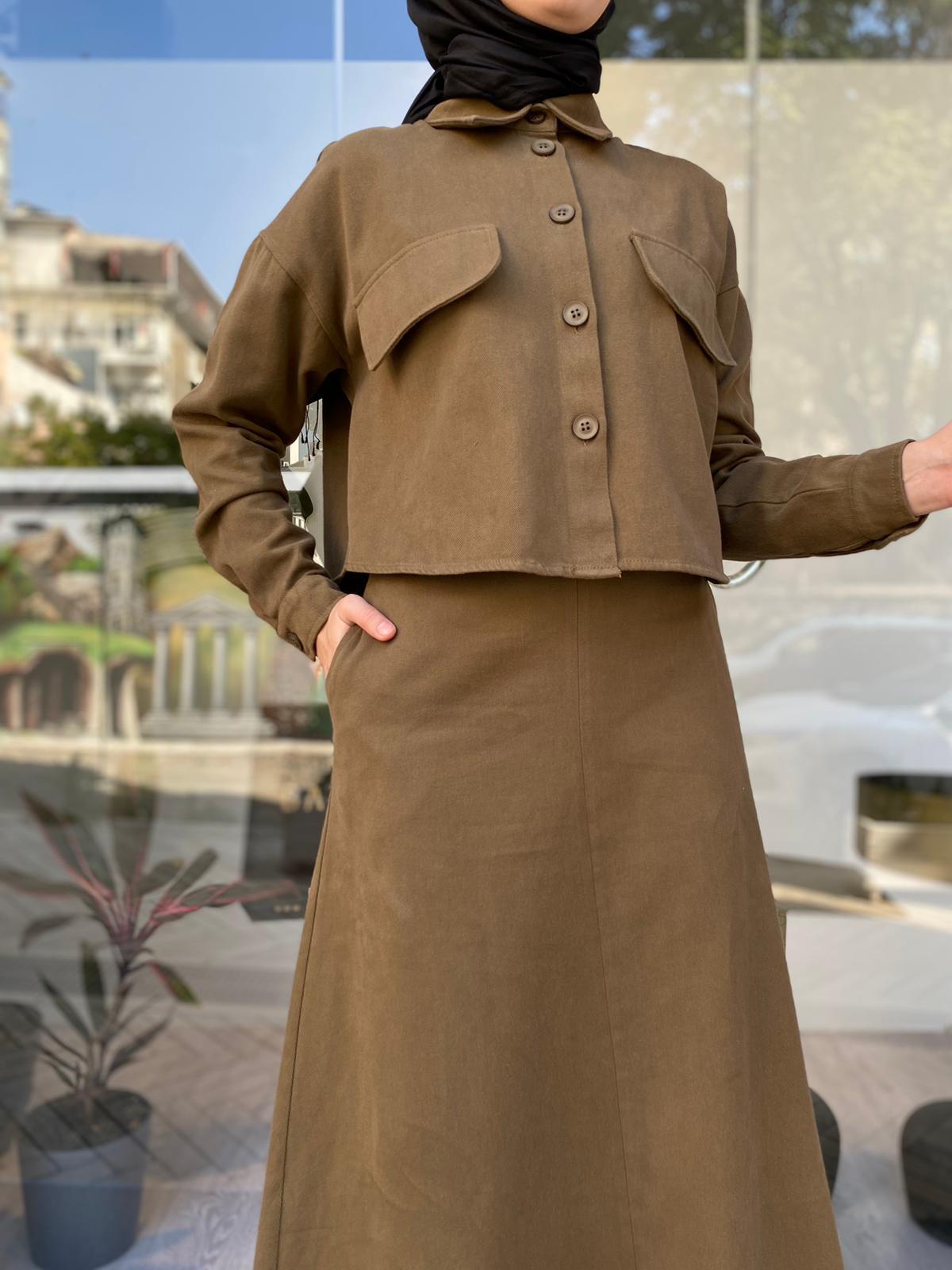 QOOQ Gabardin Gömlek ve Etek Takım Haki 24fw227