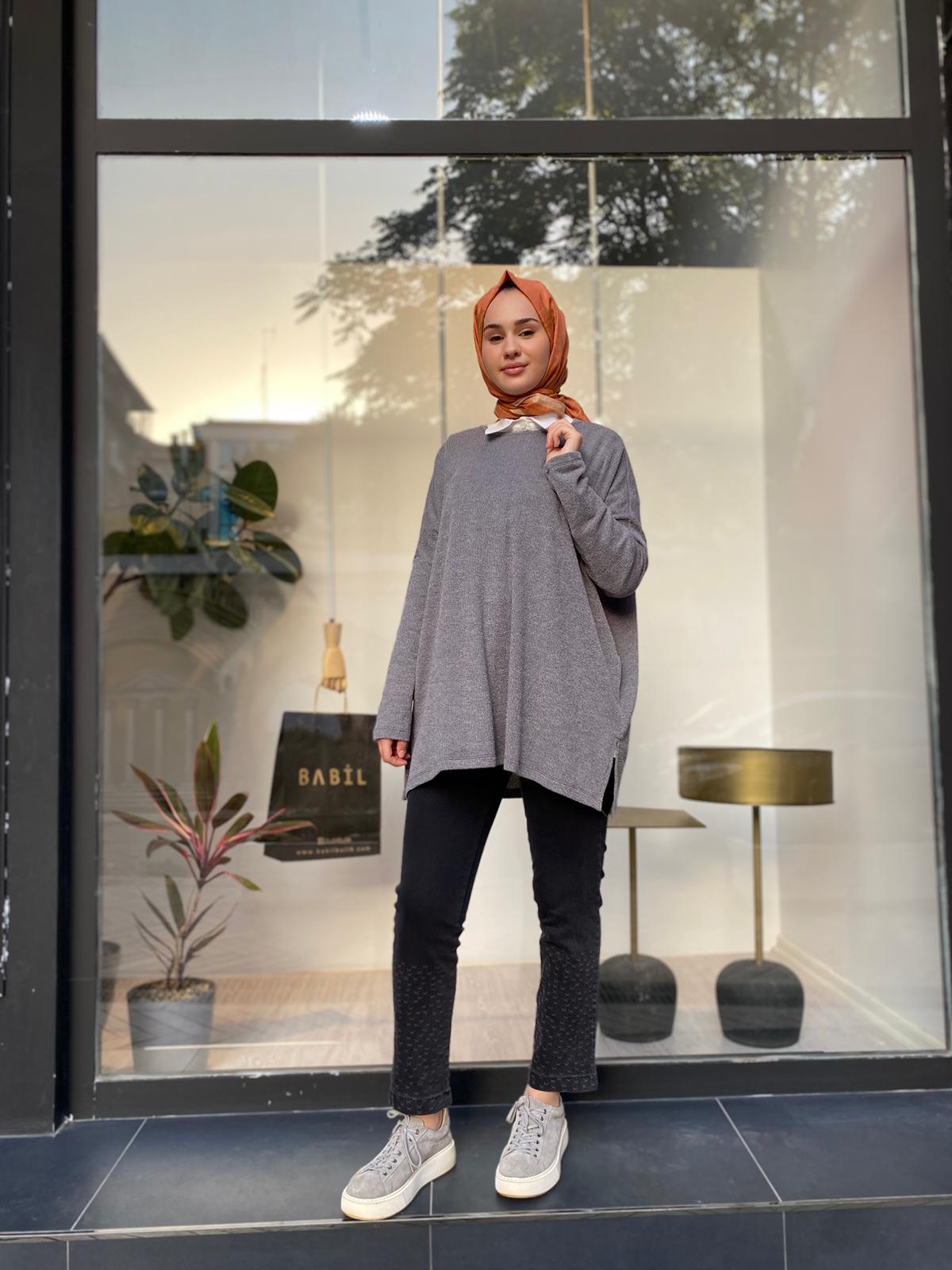QOOQ İnce Triko Bluz Gri 24fw217
