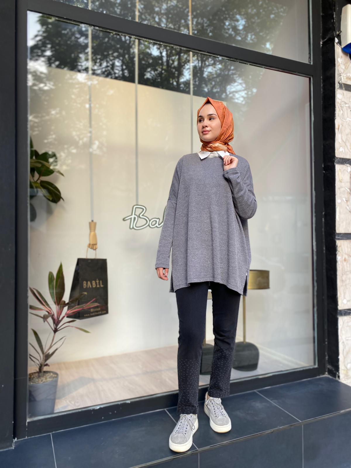 QOOQ İnce Triko Bluz Gri 24fw217