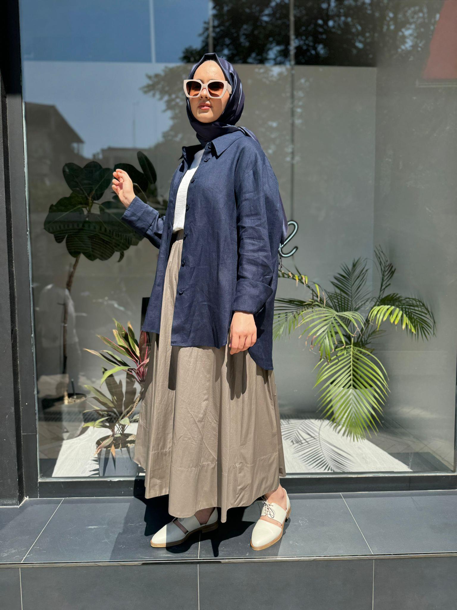 QOOQ Keten Gömlek Basic Lacivert 24ss281