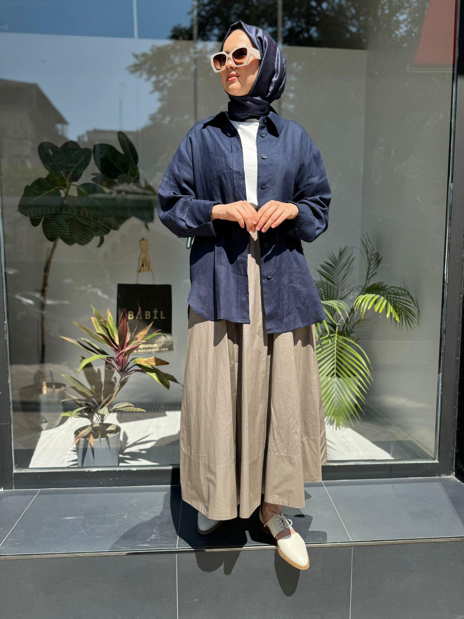 QOOQ Keten Gömlek Basic Lacivert 24ss281