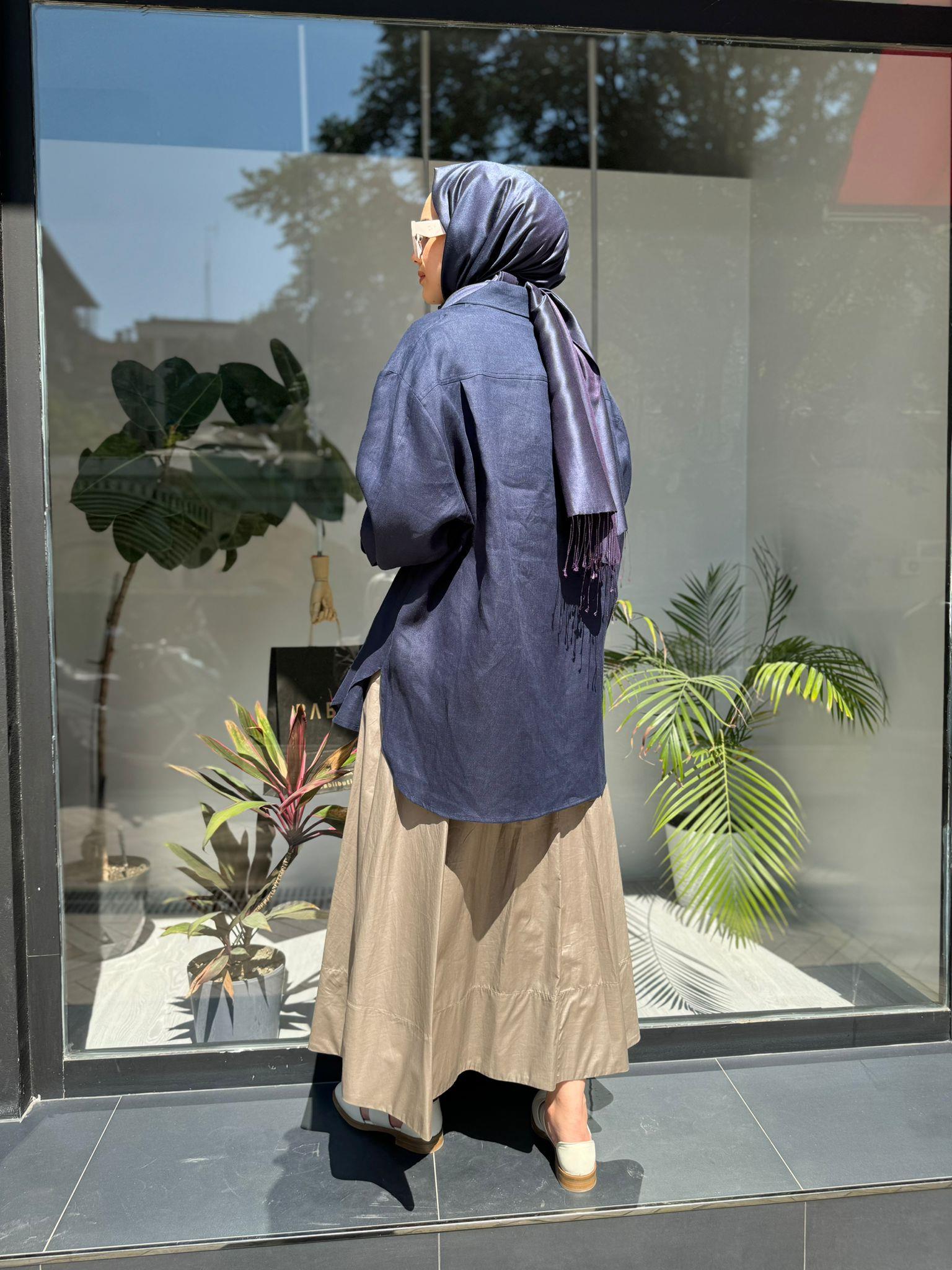 QOOQ Keten Gömlek Basic Lacivert 24ss281