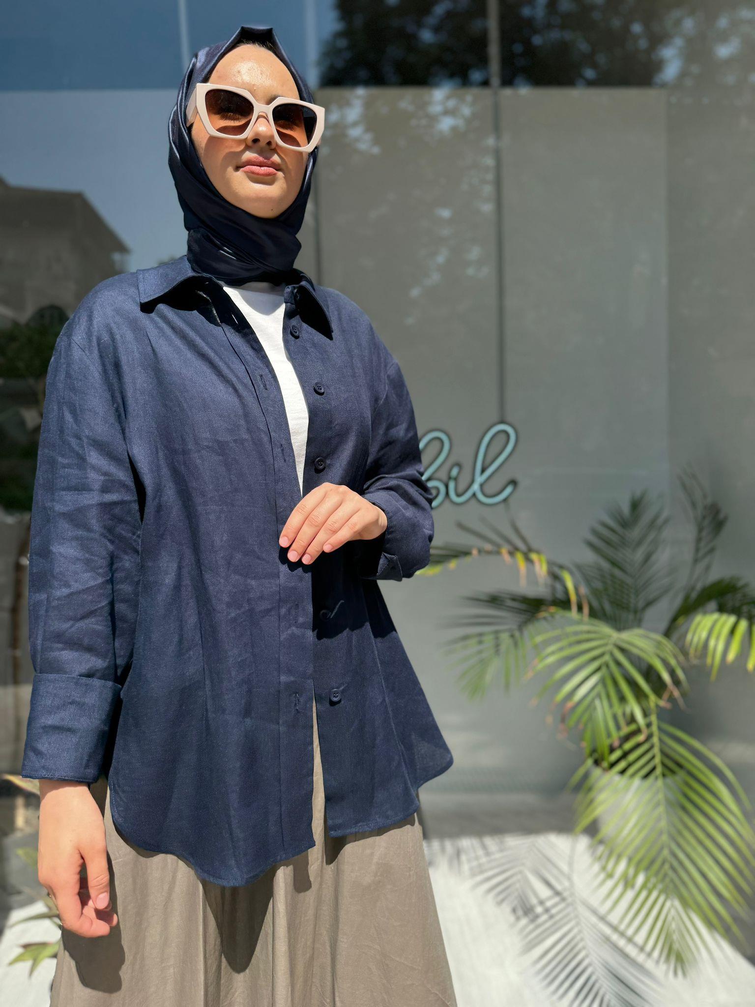 QOOQ Keten Gömlek Basic Lacivert 24ss281