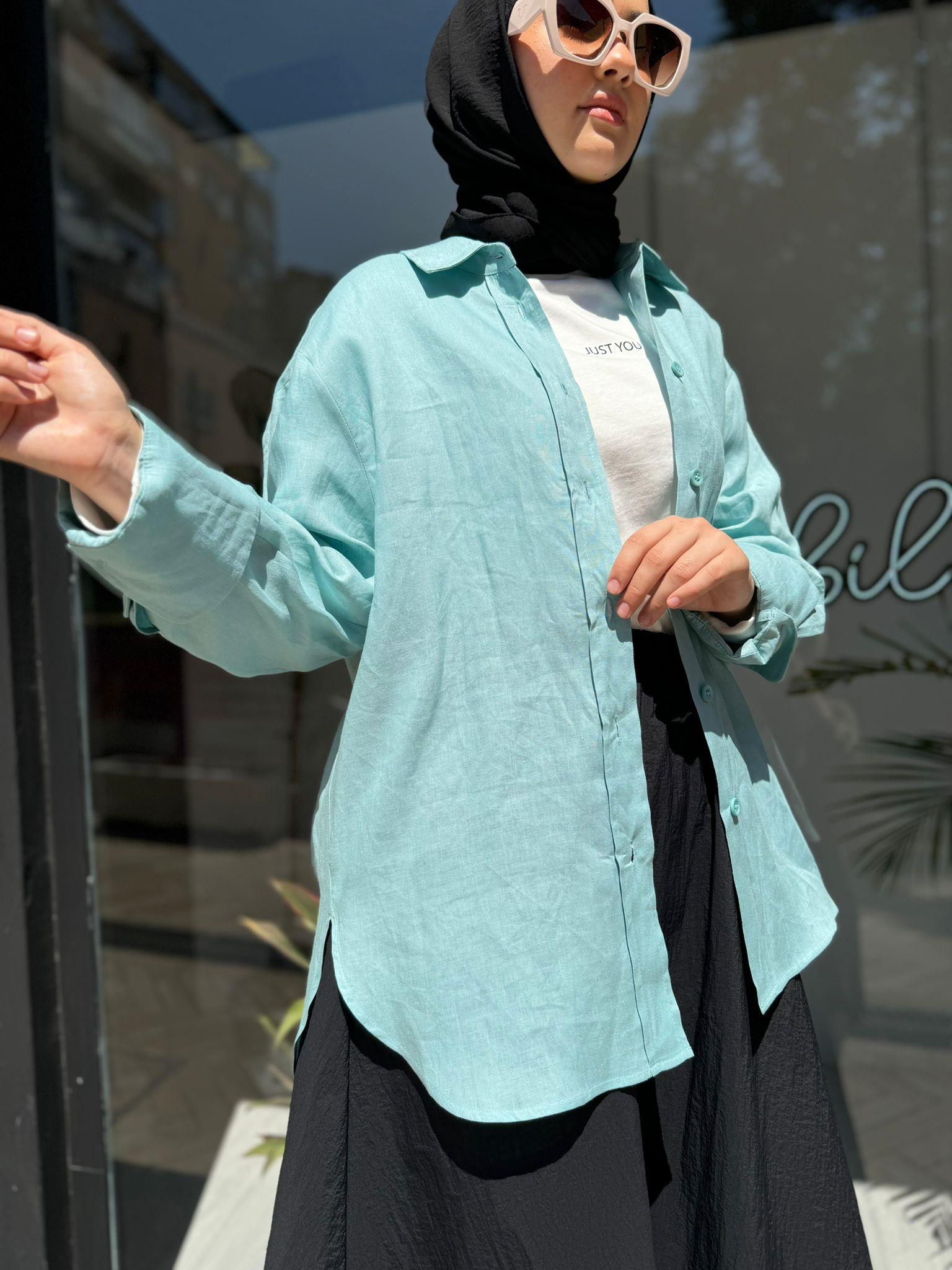 QOOQ Keten Gömlek Basic Mint 24ss281