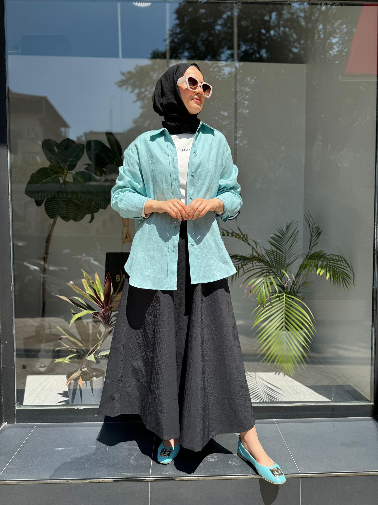 QOOQ Keten Gömlek Basic Mint 24ss281