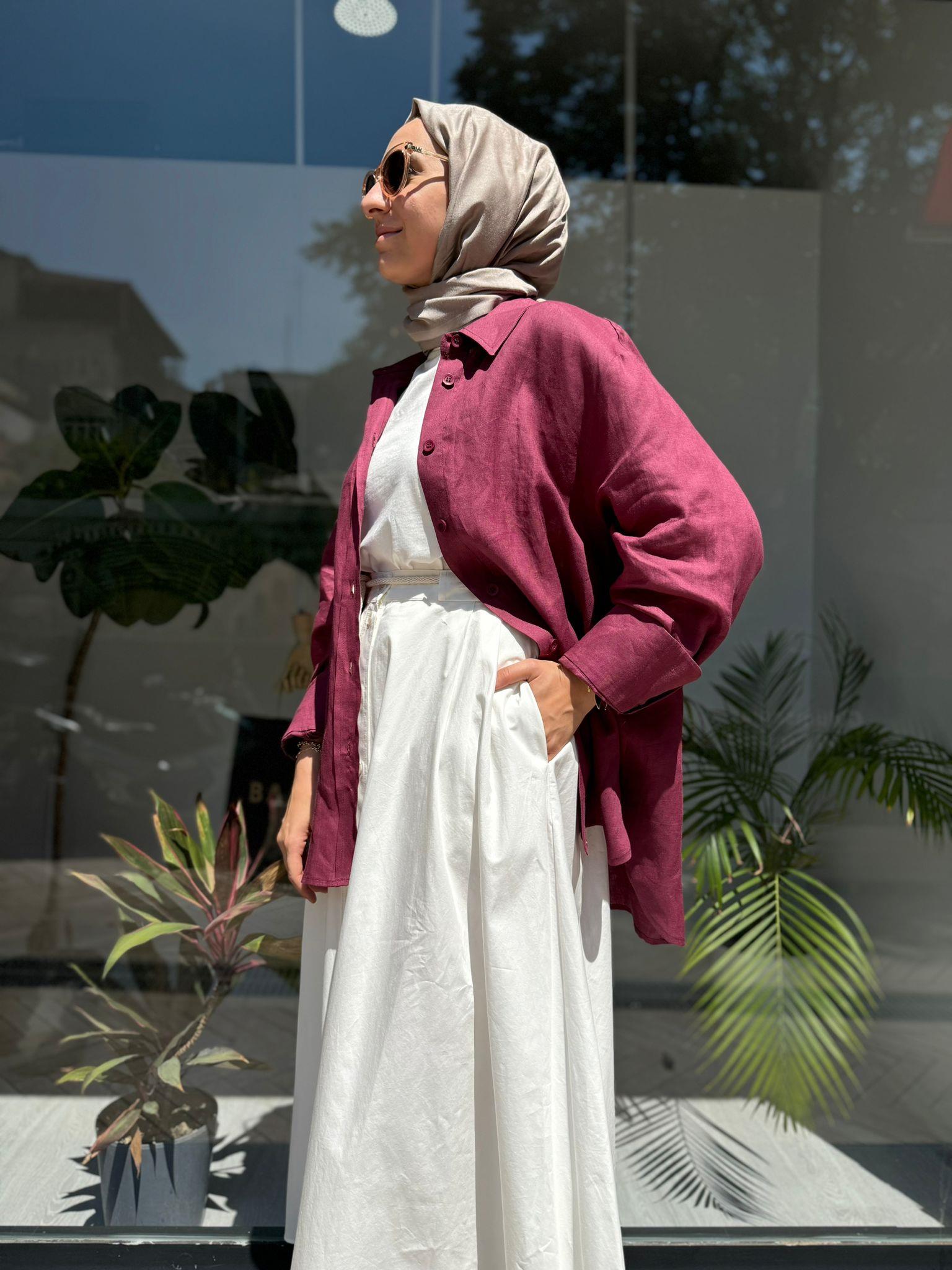 QOOQ Keten Gömlek Basic Mürdüm 24ss281