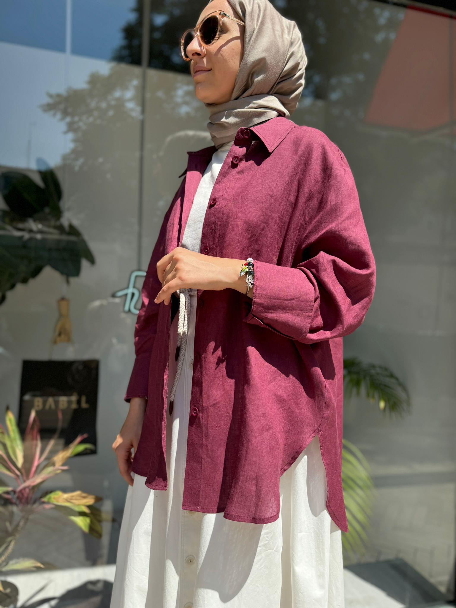 QOOQ Keten Gömlek Basic Mürdüm 24ss281