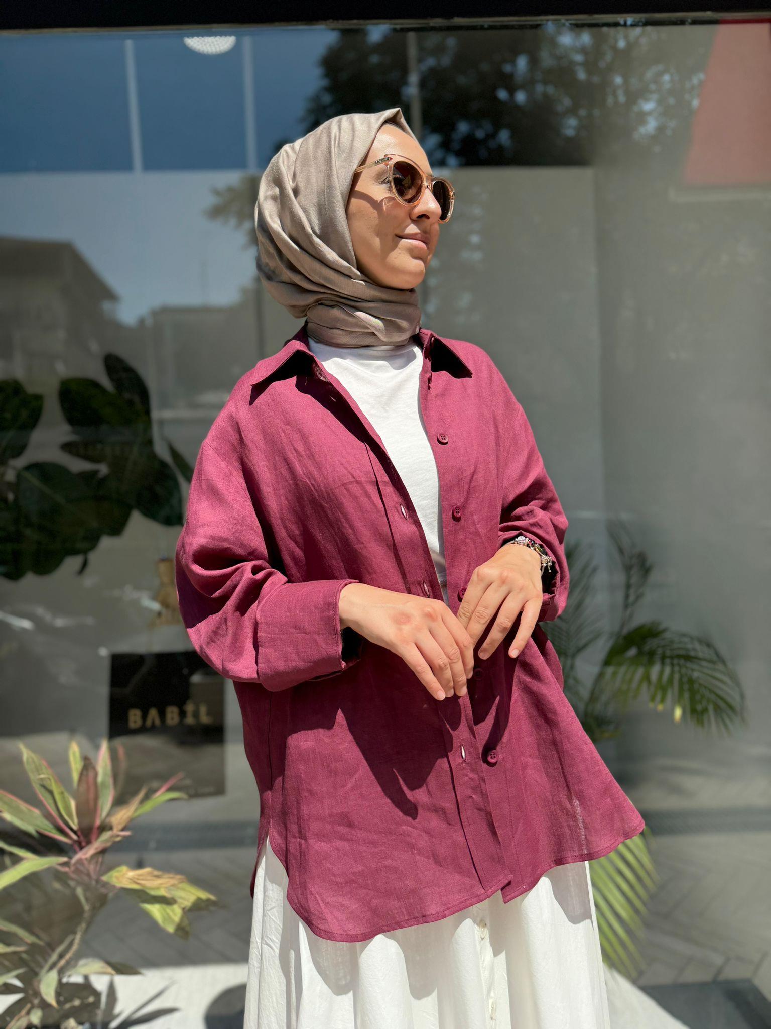 QOOQ Keten Gömlek Basic Mürdüm 24ss281