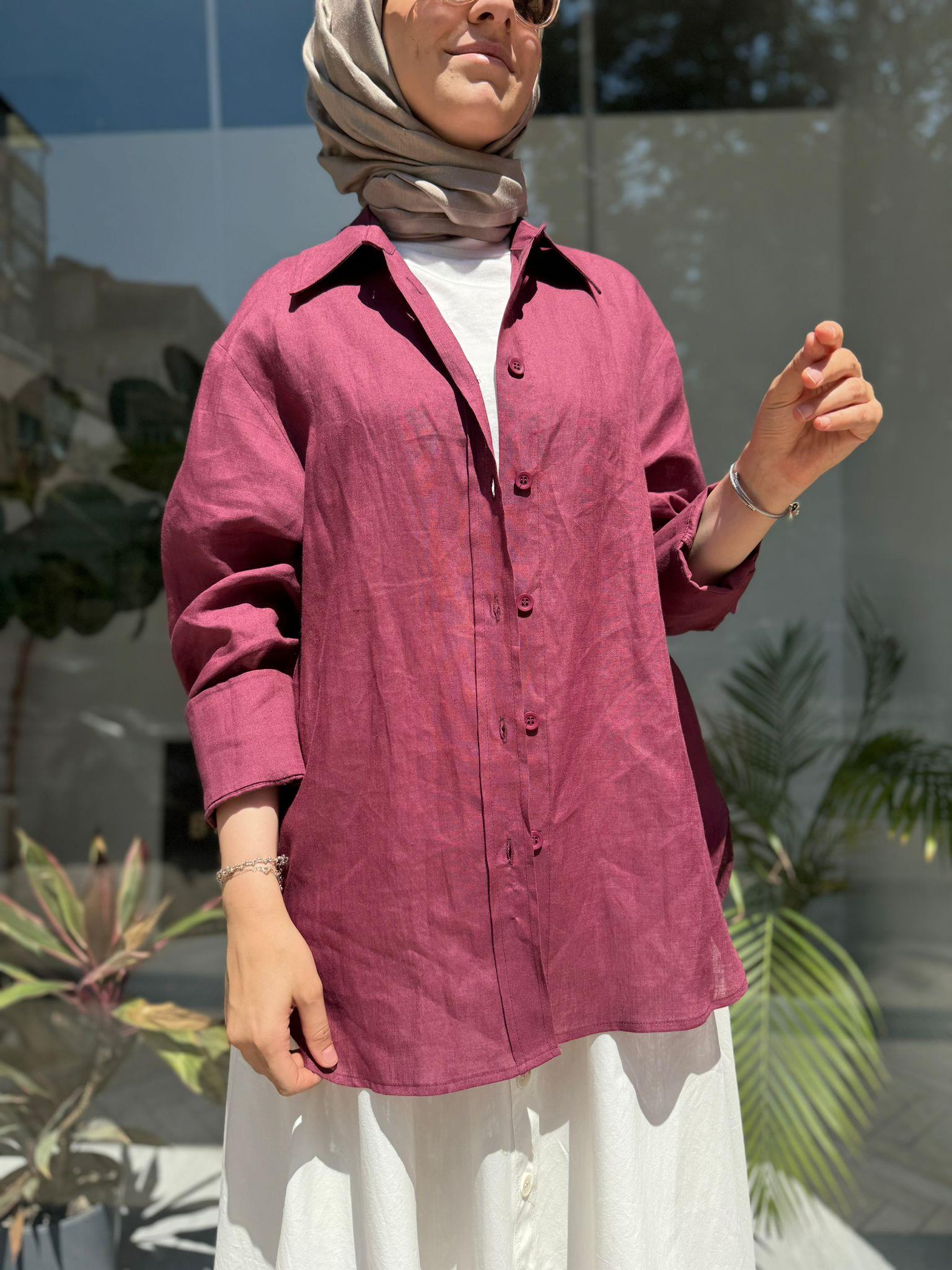 QOOQ Keten Gömlek Basic Mürdüm 24ss281