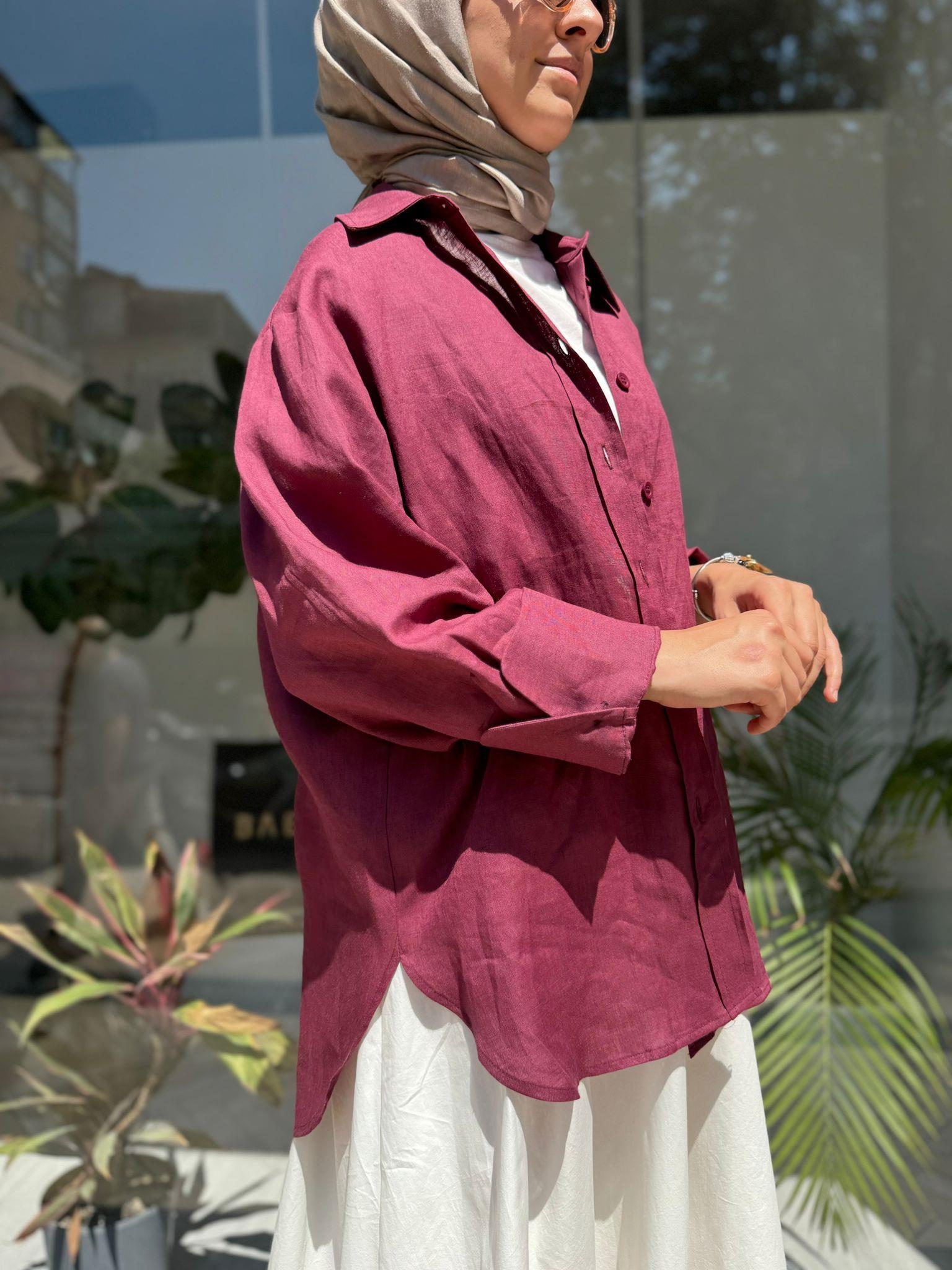 QOOQ Keten Gömlek Basic Mürdüm 24ss281