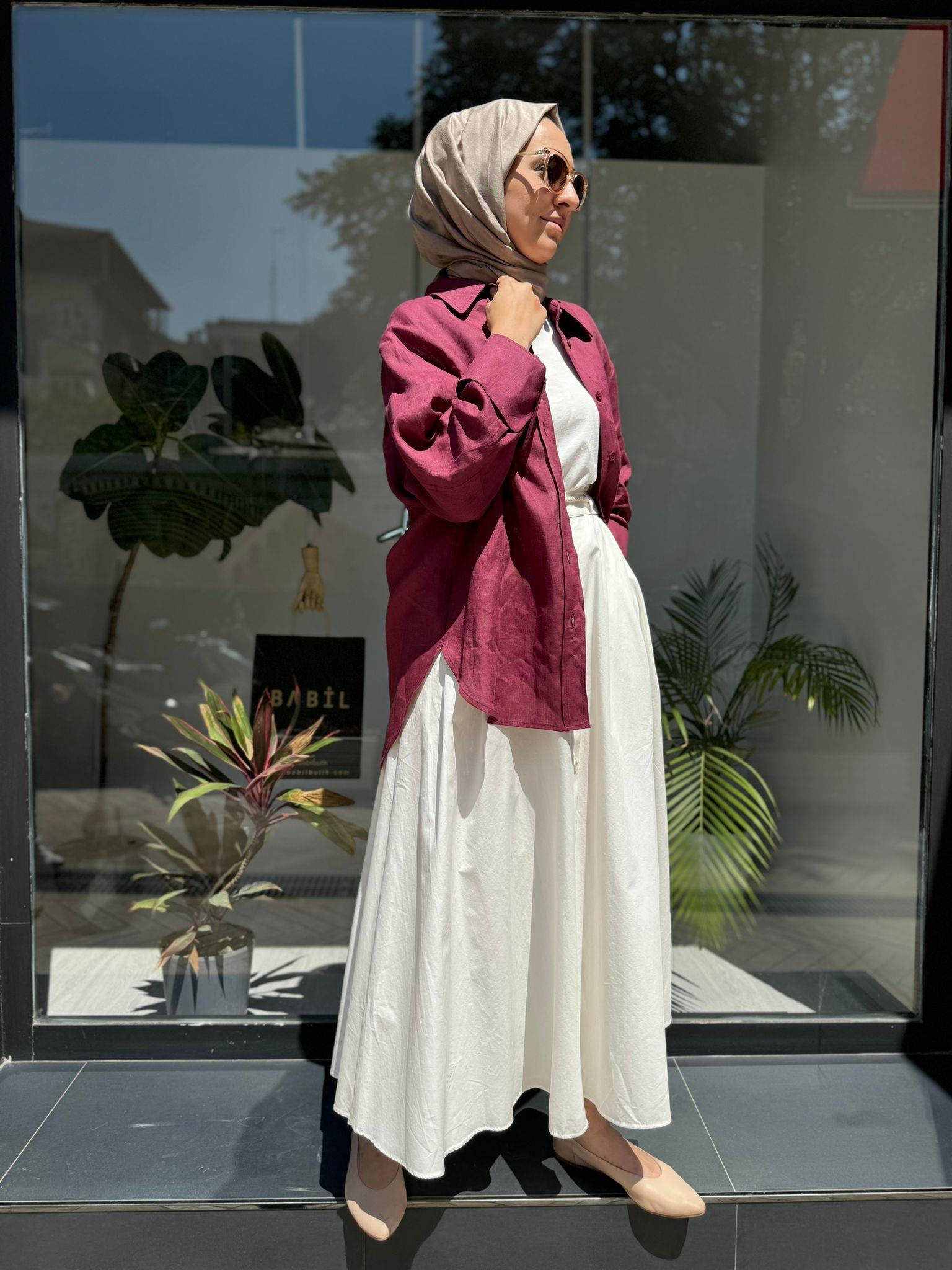 QOOQ Keten Gömlek Basic Mürdüm 24ss281