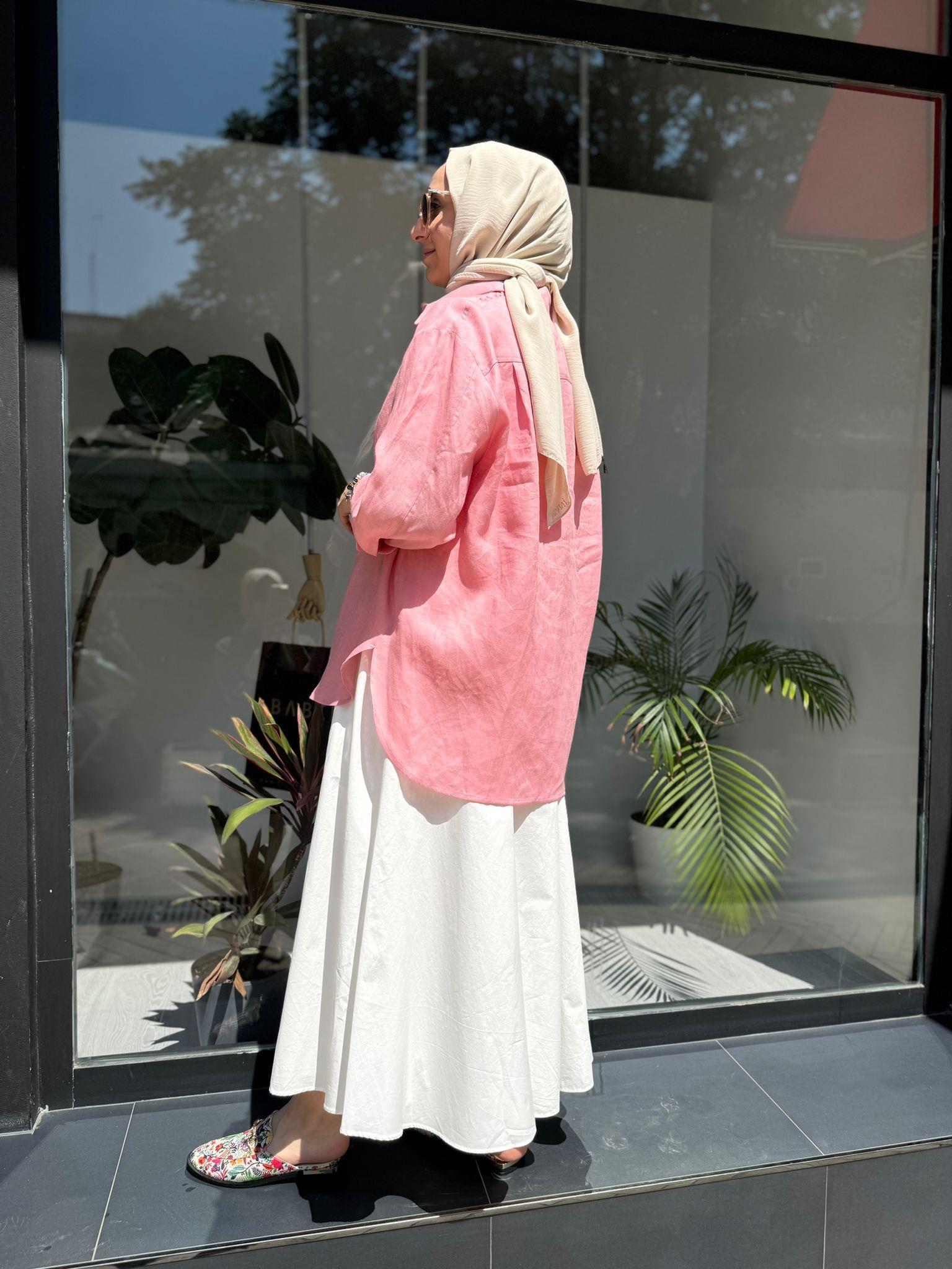 QOOQ Keten Gömlek Basic Pudra 24ss281