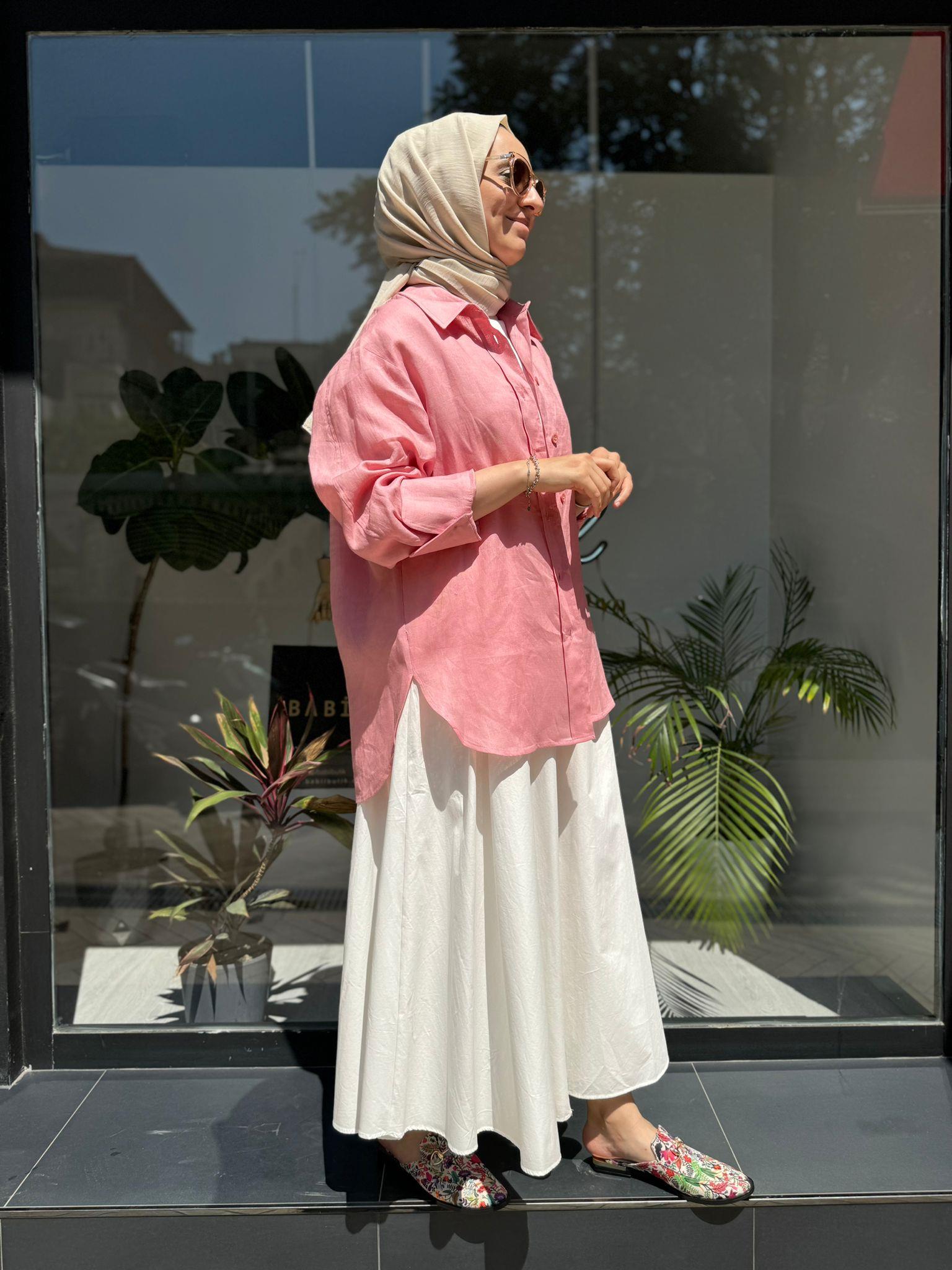 QOOQ Keten Gömlek Basic Pudra 24ss281