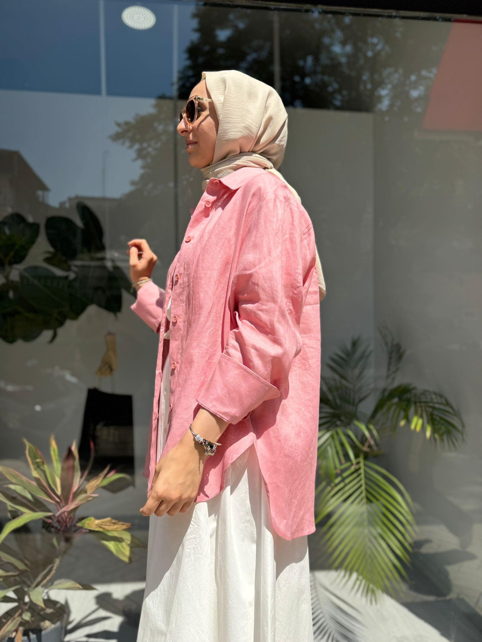 QOOQ Keten Gömlek Basic Pudra 24ss281