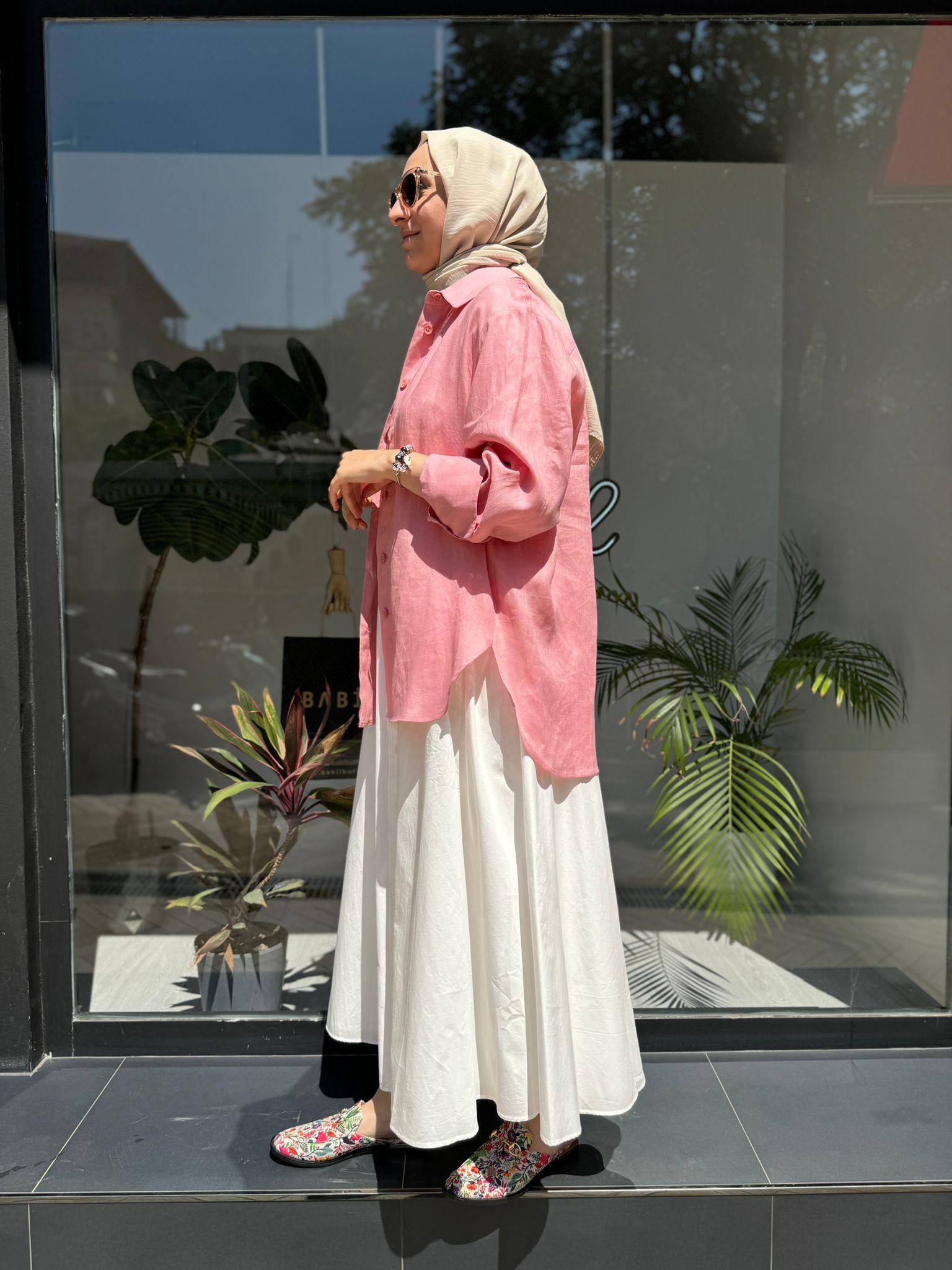 QOOQ Keten Gömlek Basic Pudra 24ss281