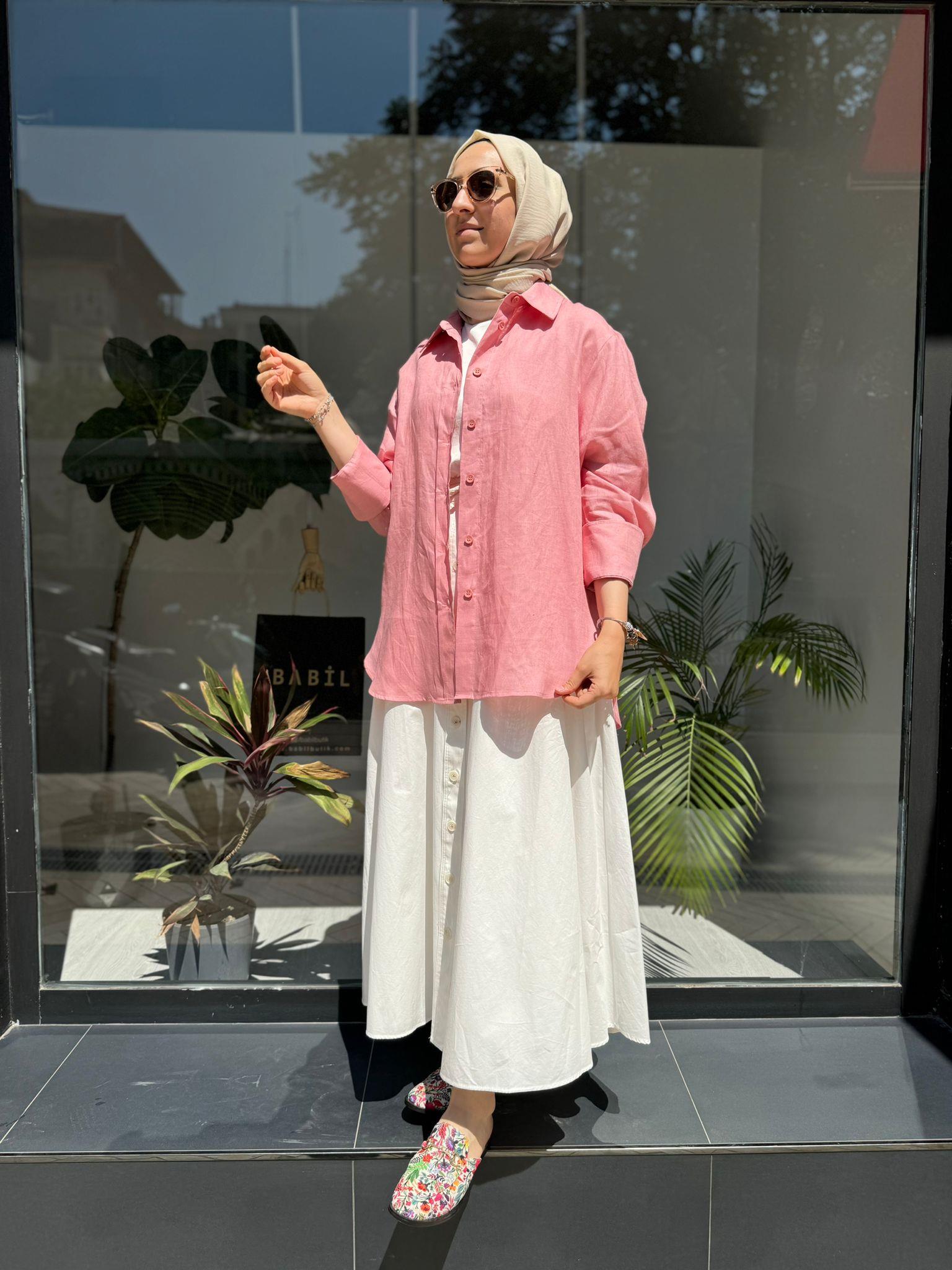 QOOQ Keten Gömlek Basic Pudra 24ss281