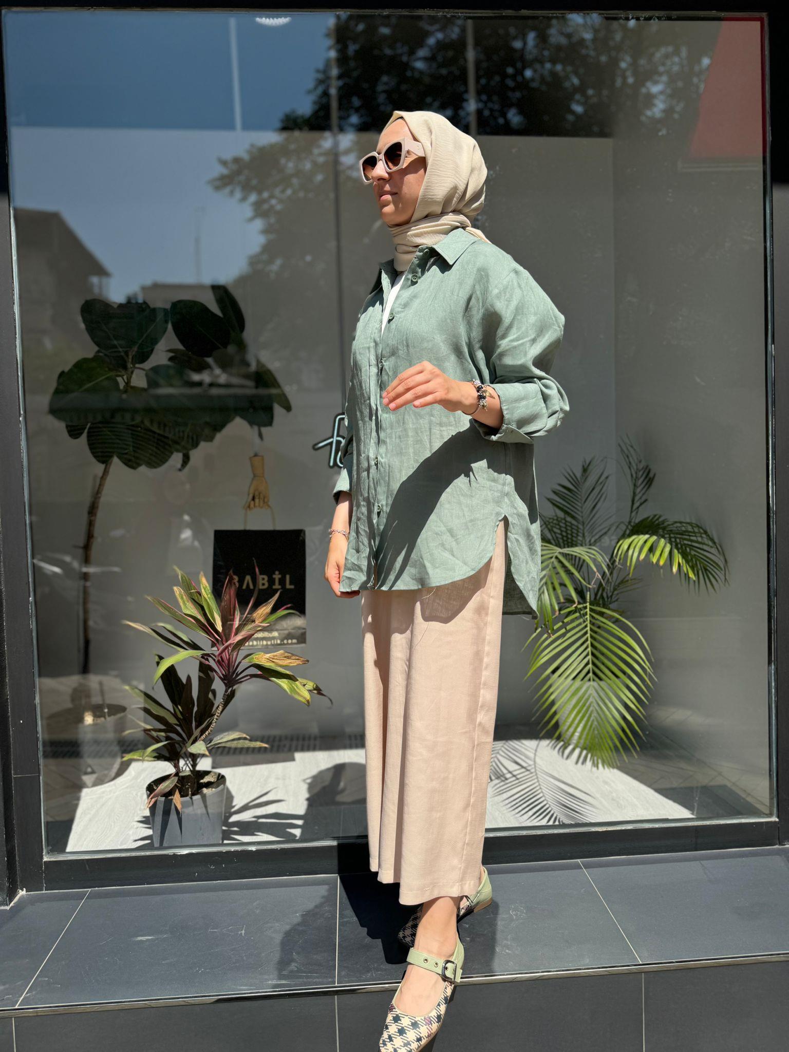 QOOQ Keten Gömlek Basic Yeşil 24ss281