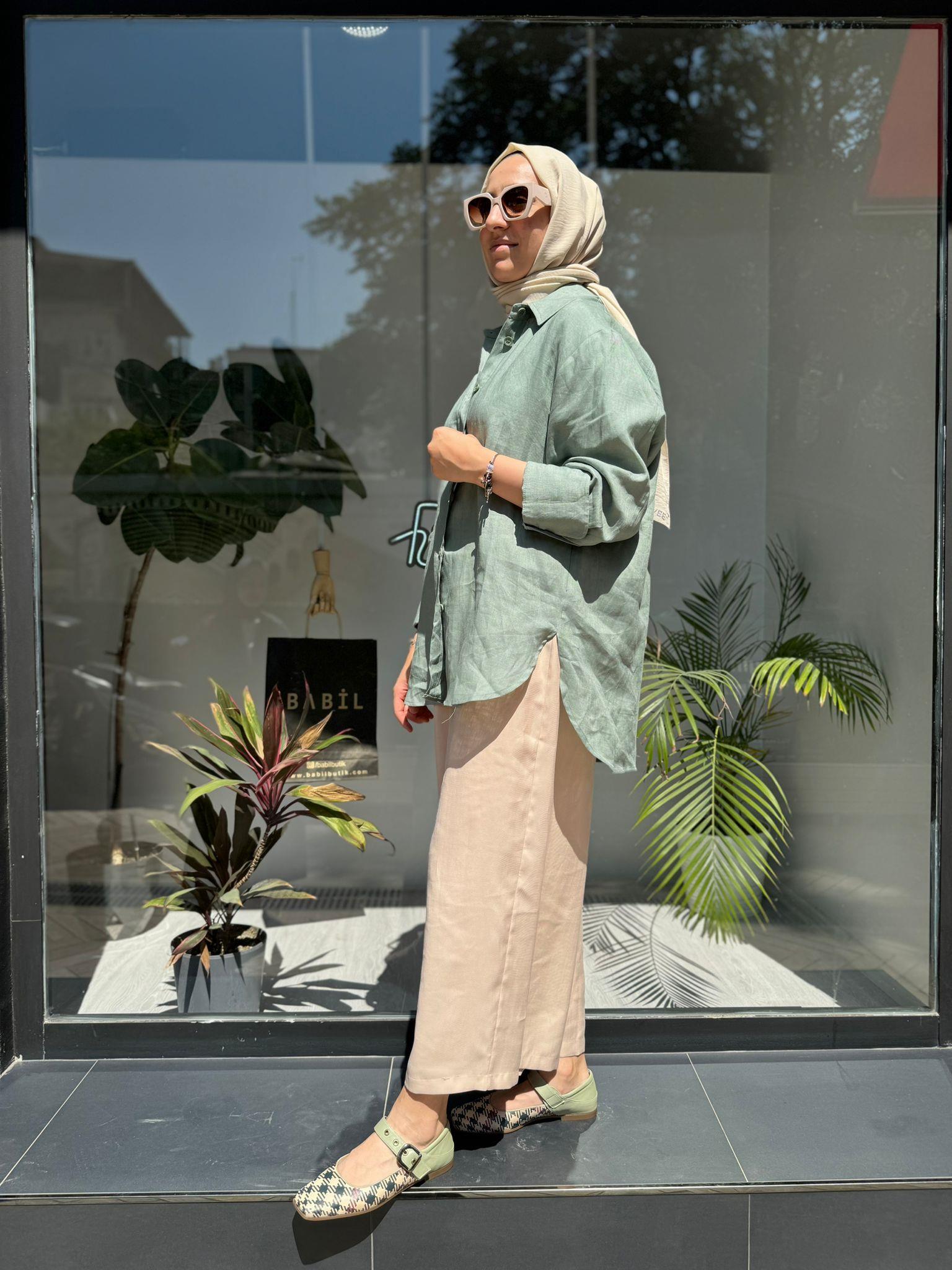 QOOQ Keten Gömlek Basic Yeşil 24ss281