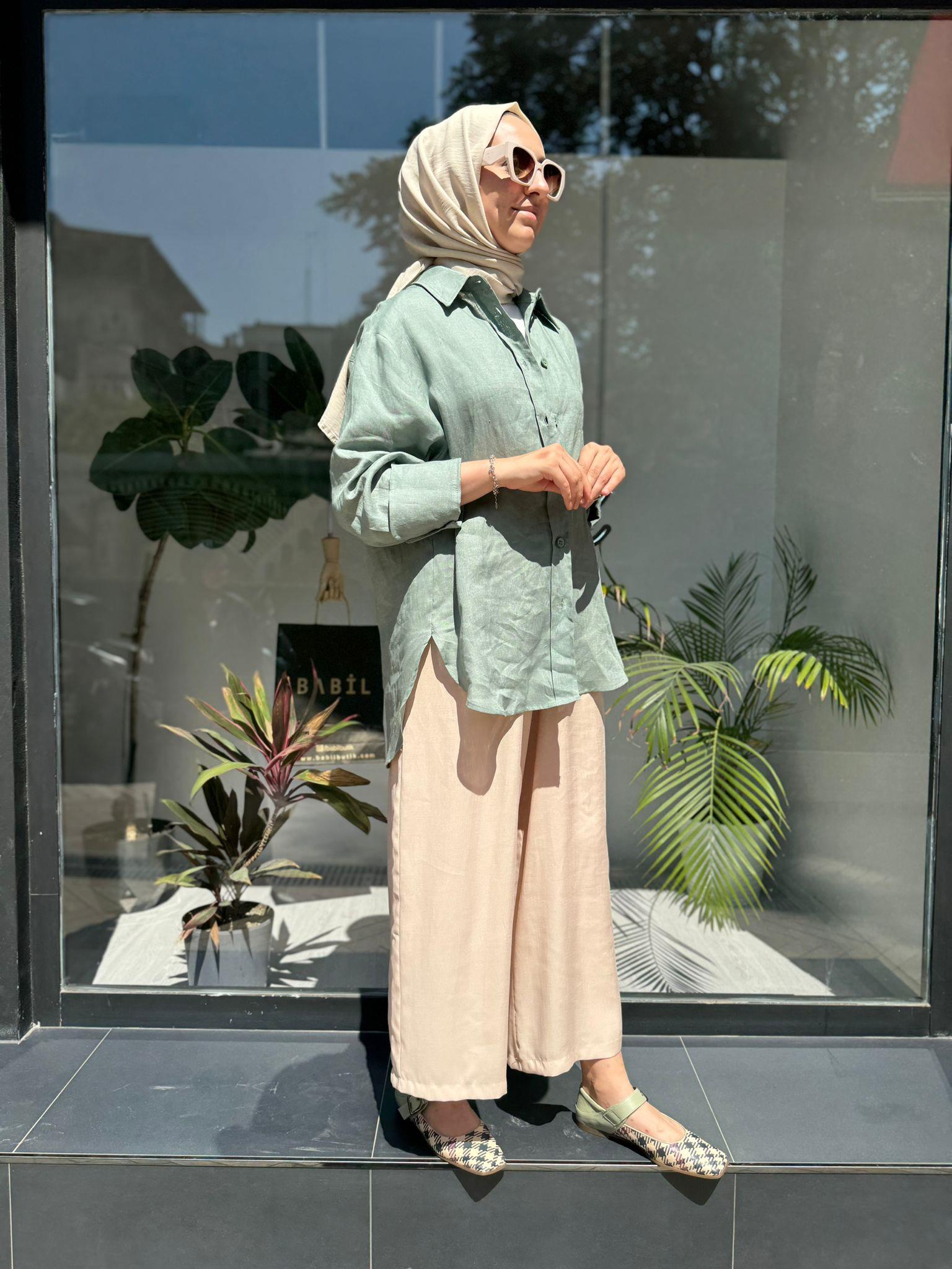 QOOQ Keten Gömlek Basic Yeşil 24ss281