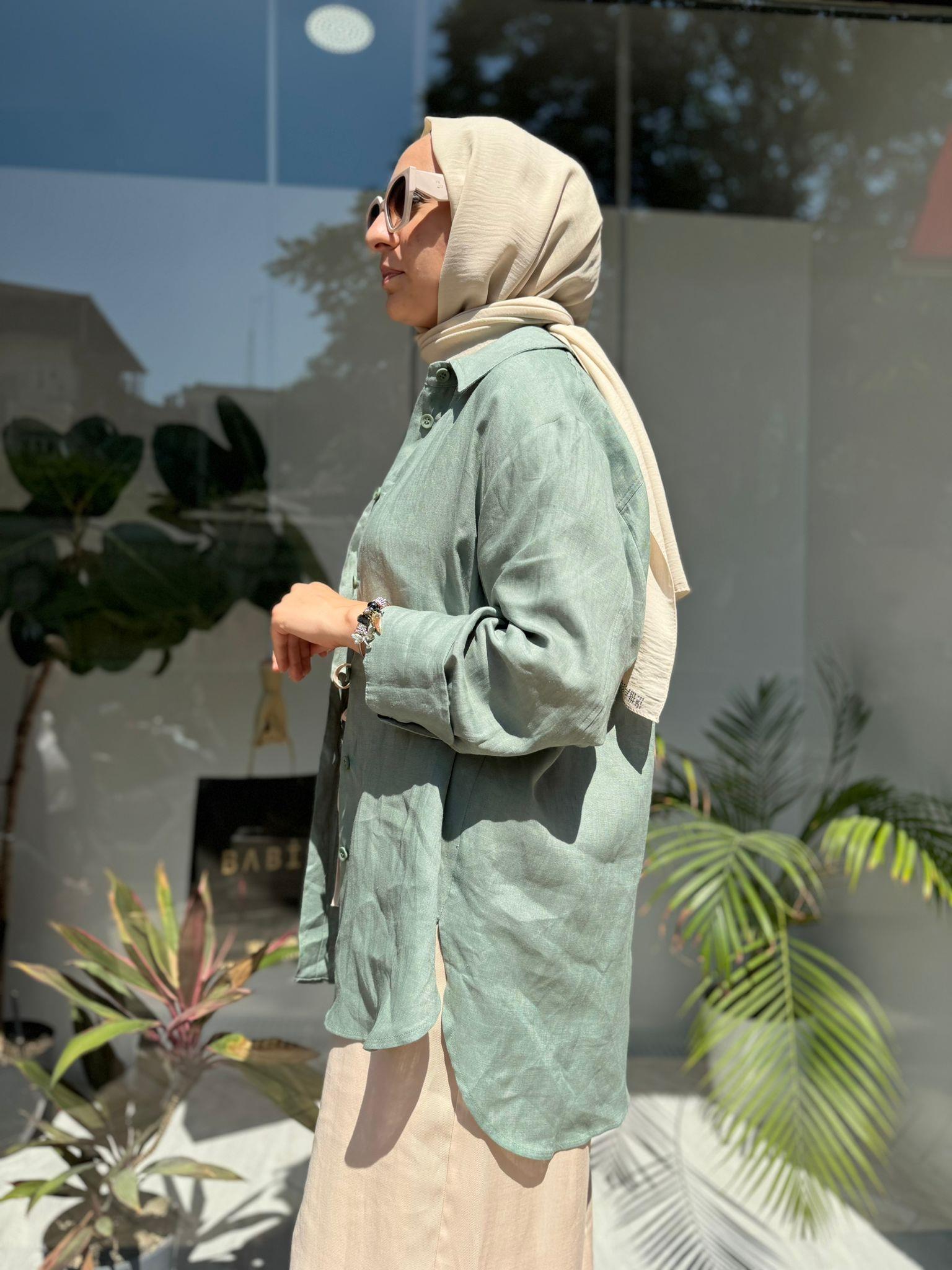 QOOQ Keten Gömlek Basic Yeşil 24ss281