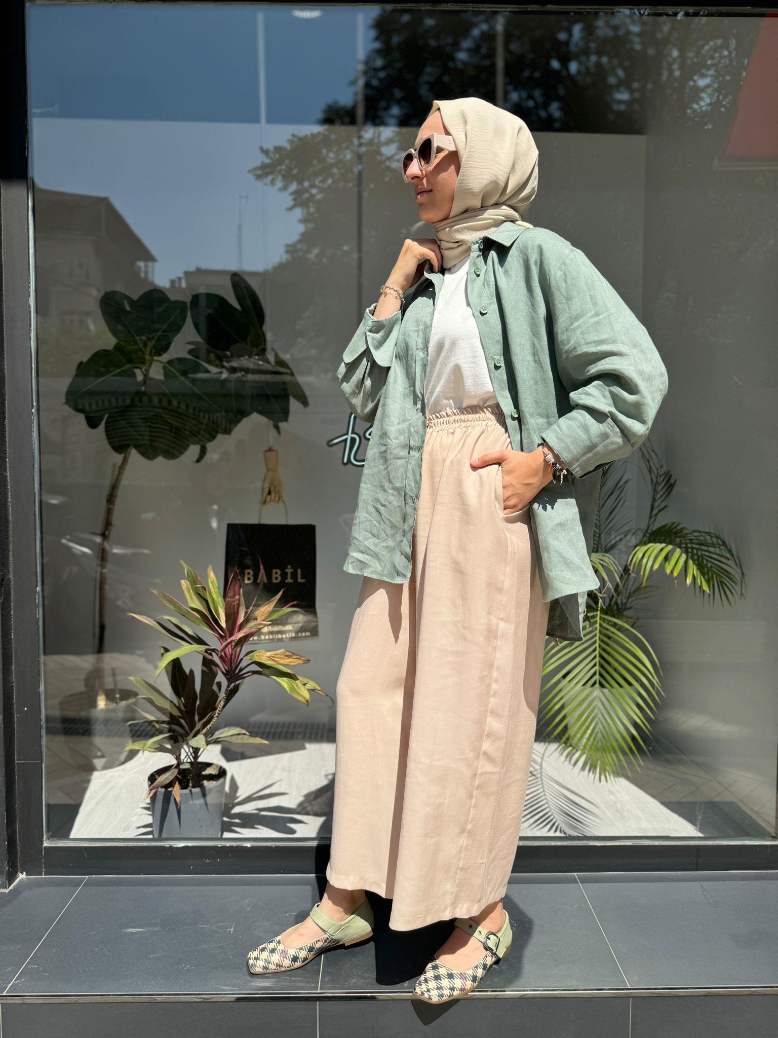 QOOQ Keten Gömlek Basic Yeşil 24ss281