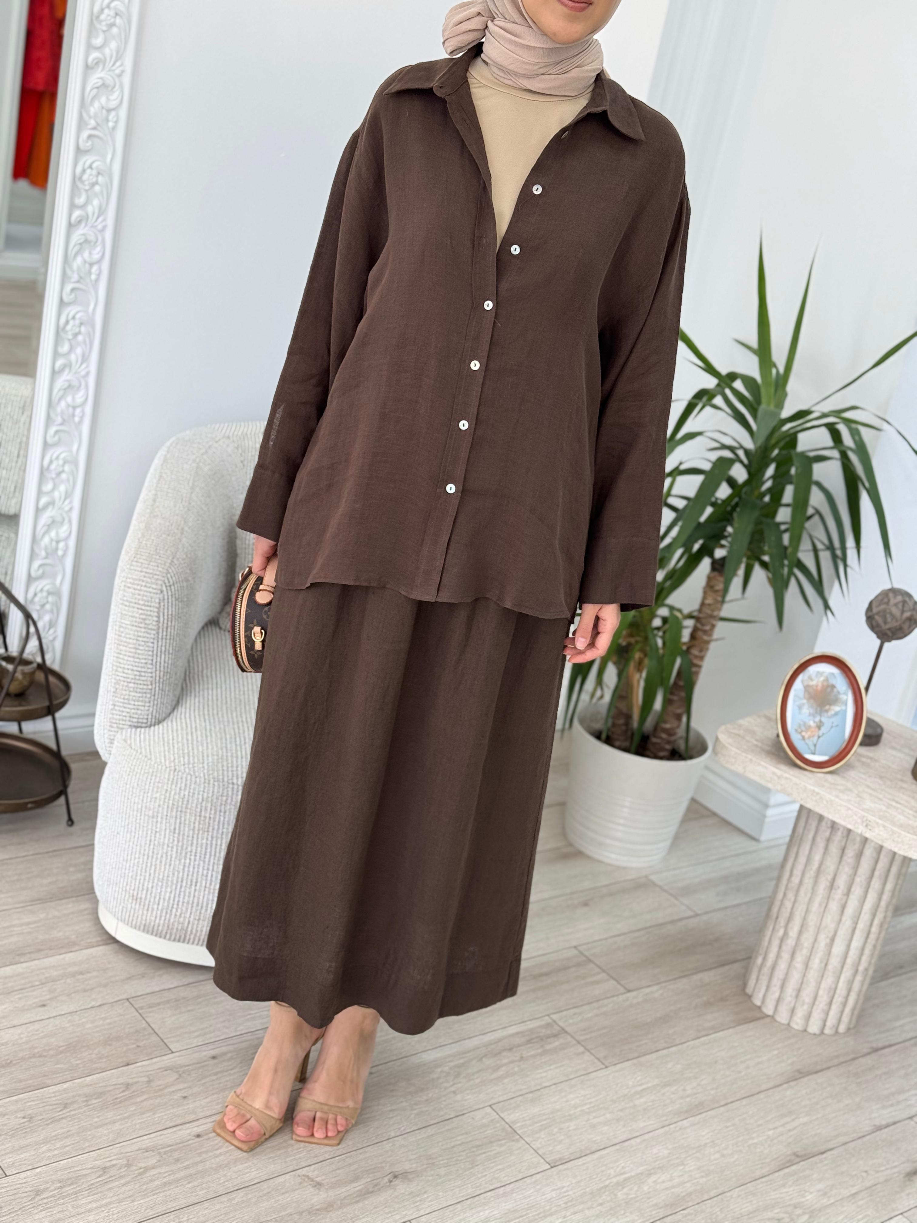 QOOQ Lin Gömlek Kahve 25ss212