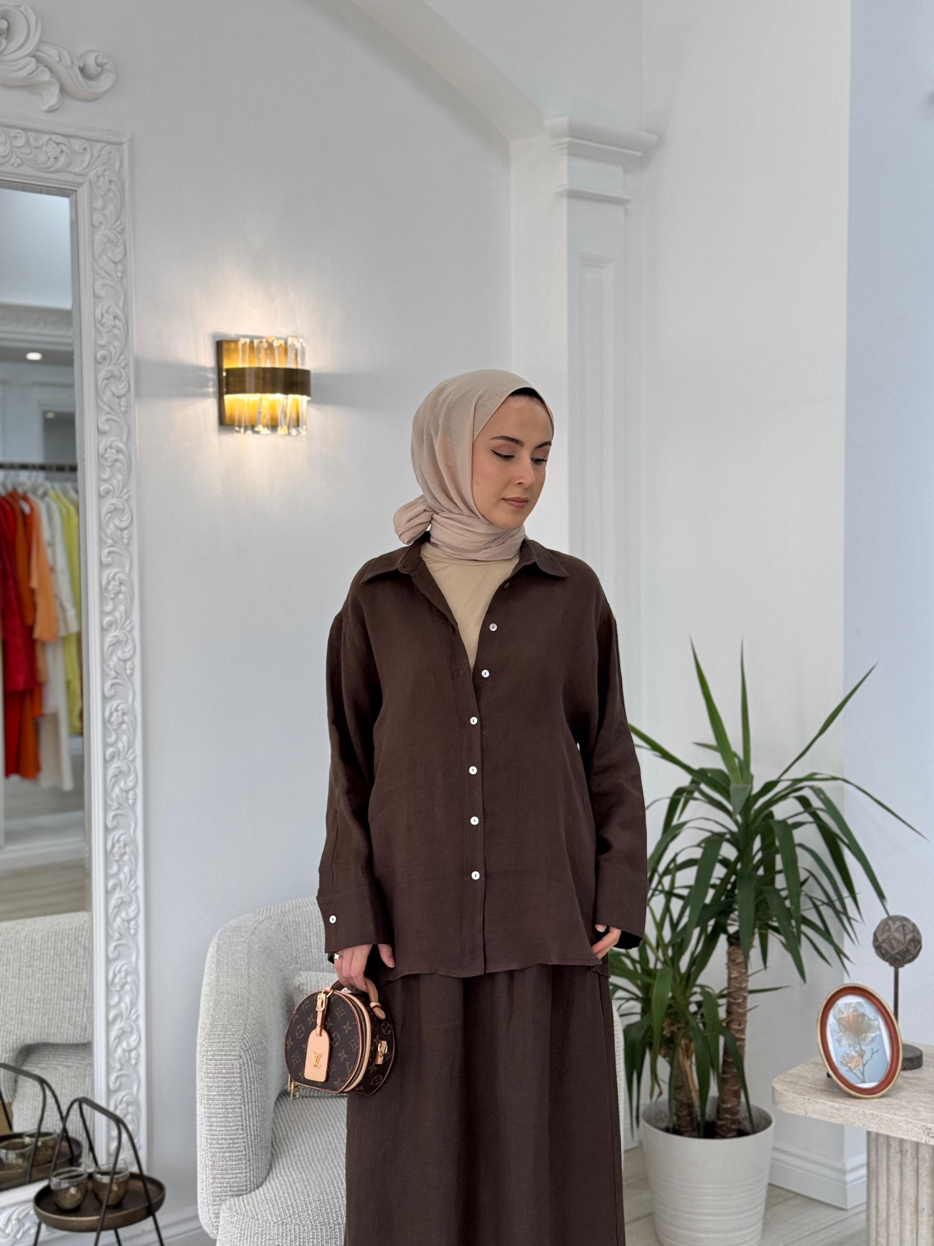 QOOQ Lin Gömlek Kahve 25ss212