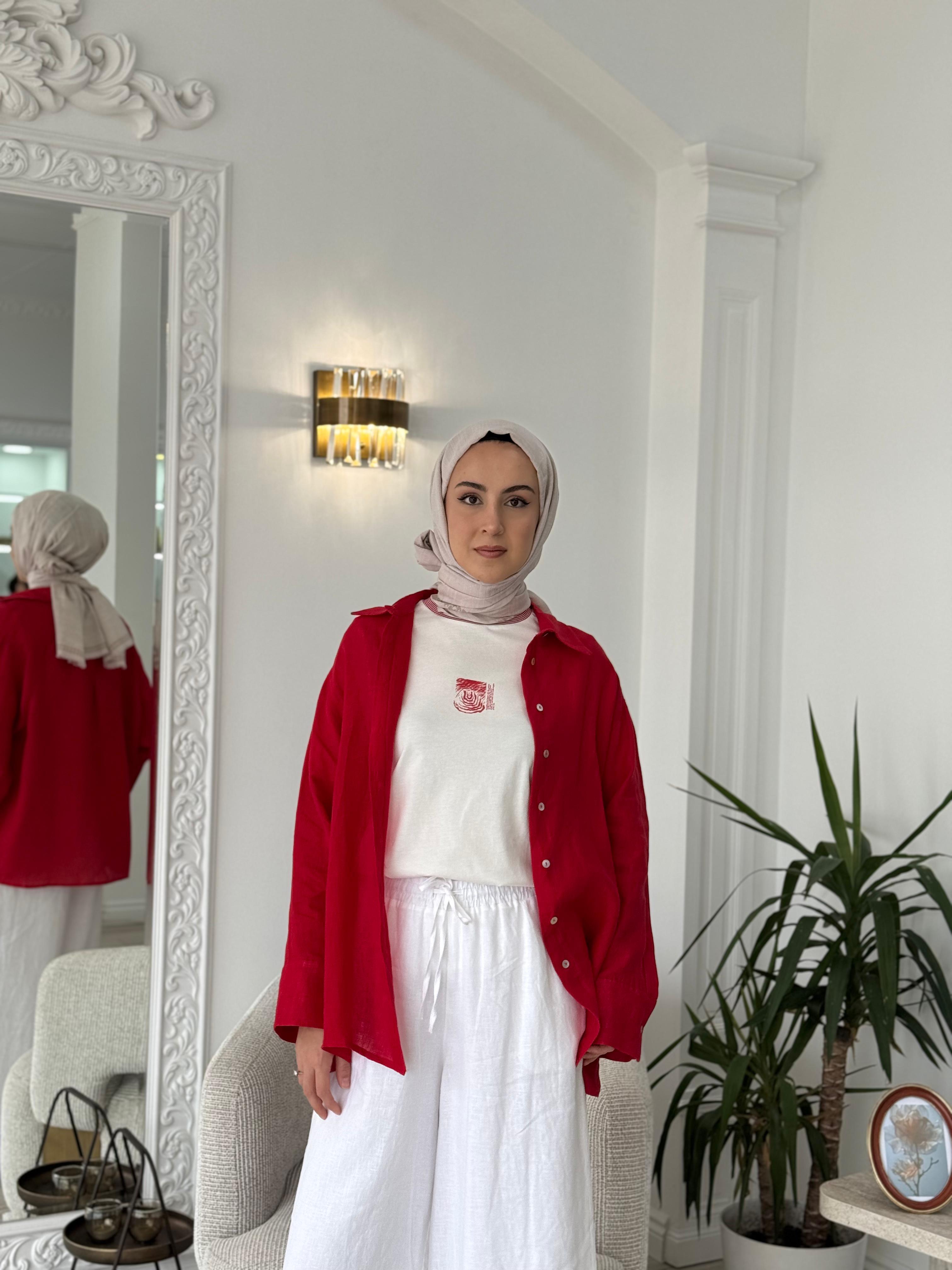 QOOQ Lin Gömlek Kırmızı 25ss212